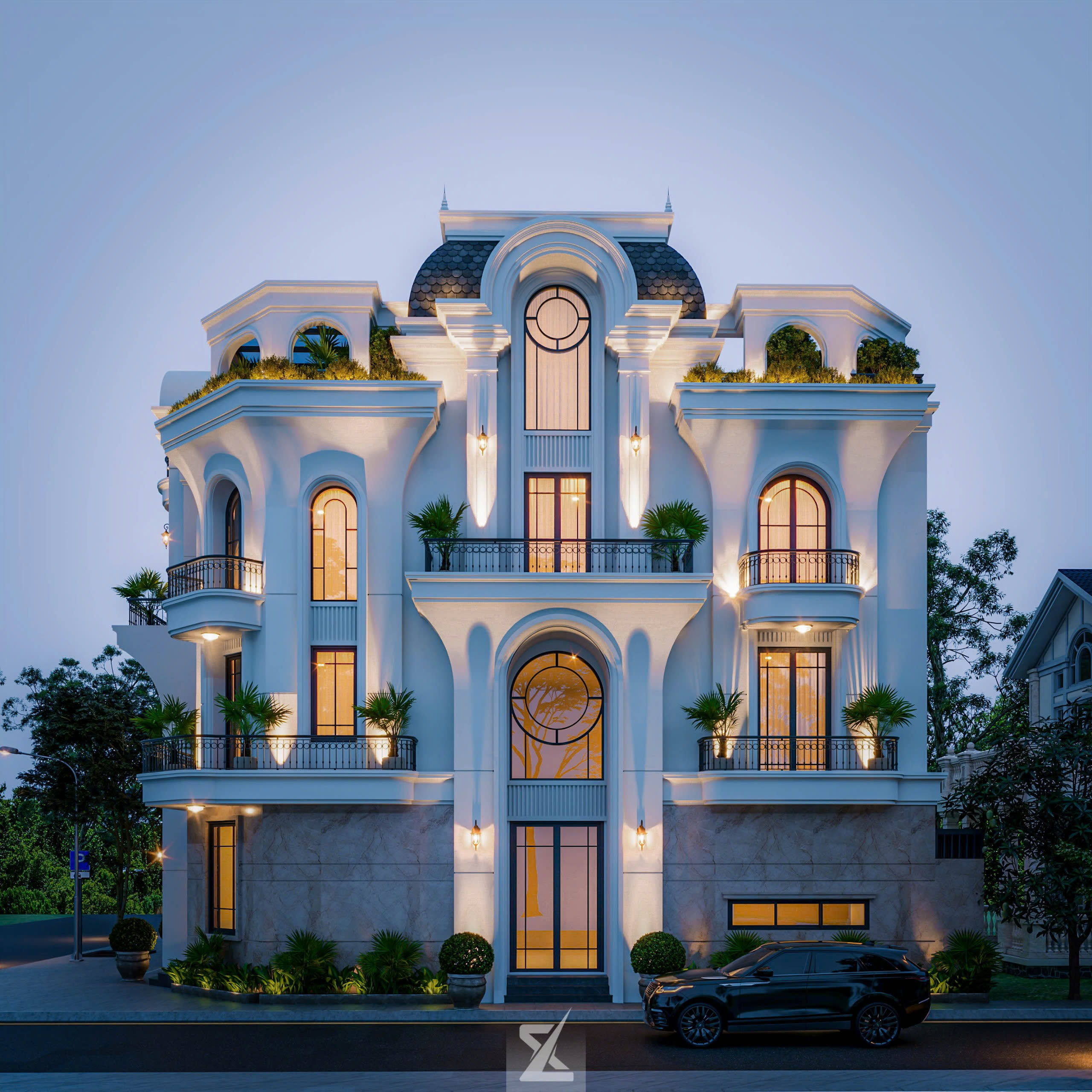 Khung cảnh đêm tráng lệ của mặt bên 20m Lanhi Villa rực rỡ ánh đèn vàng
