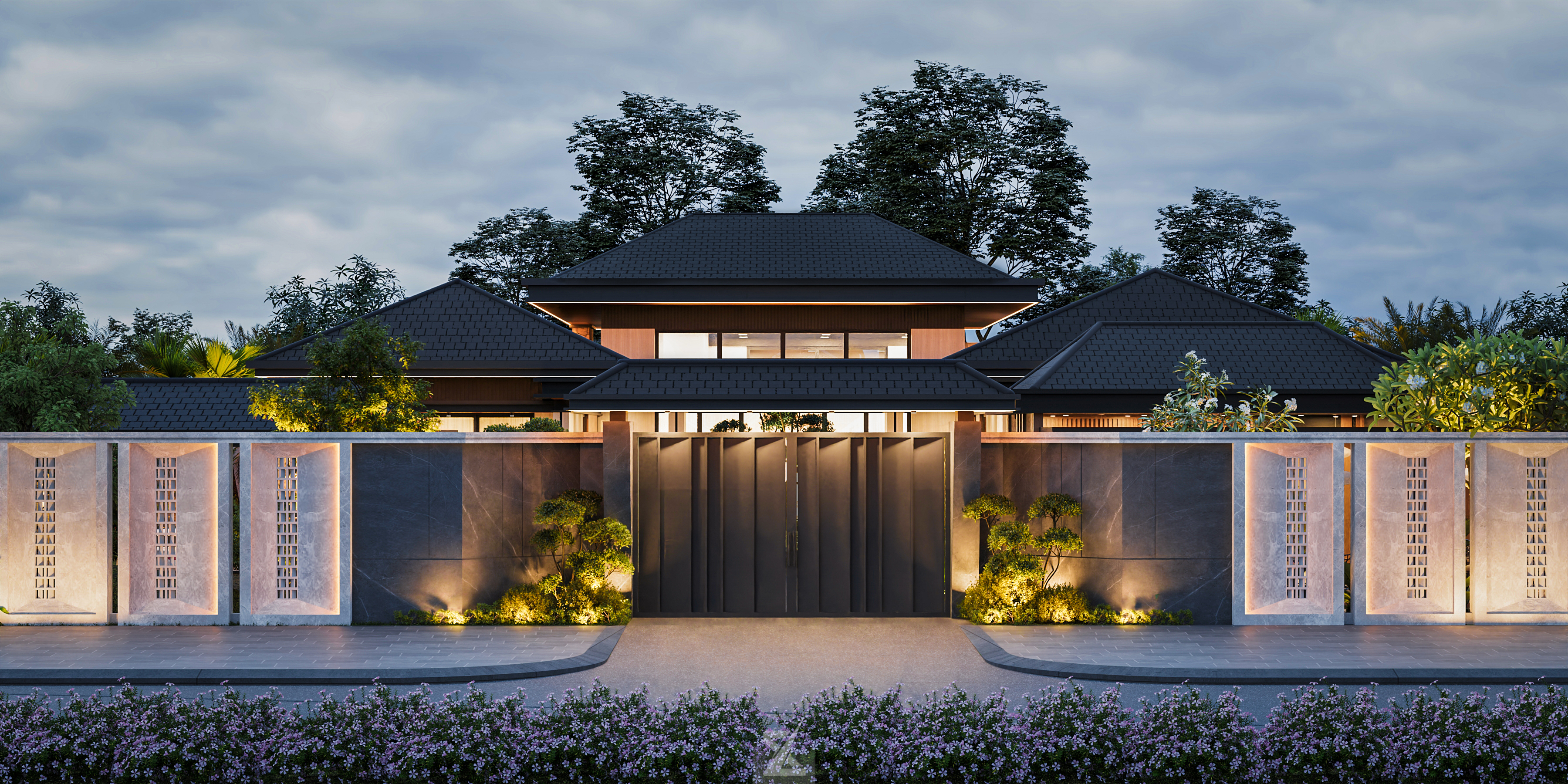 Mặt tiền cổng rào Sakura Garden Villa lung linh dưới ánh đèn đêm