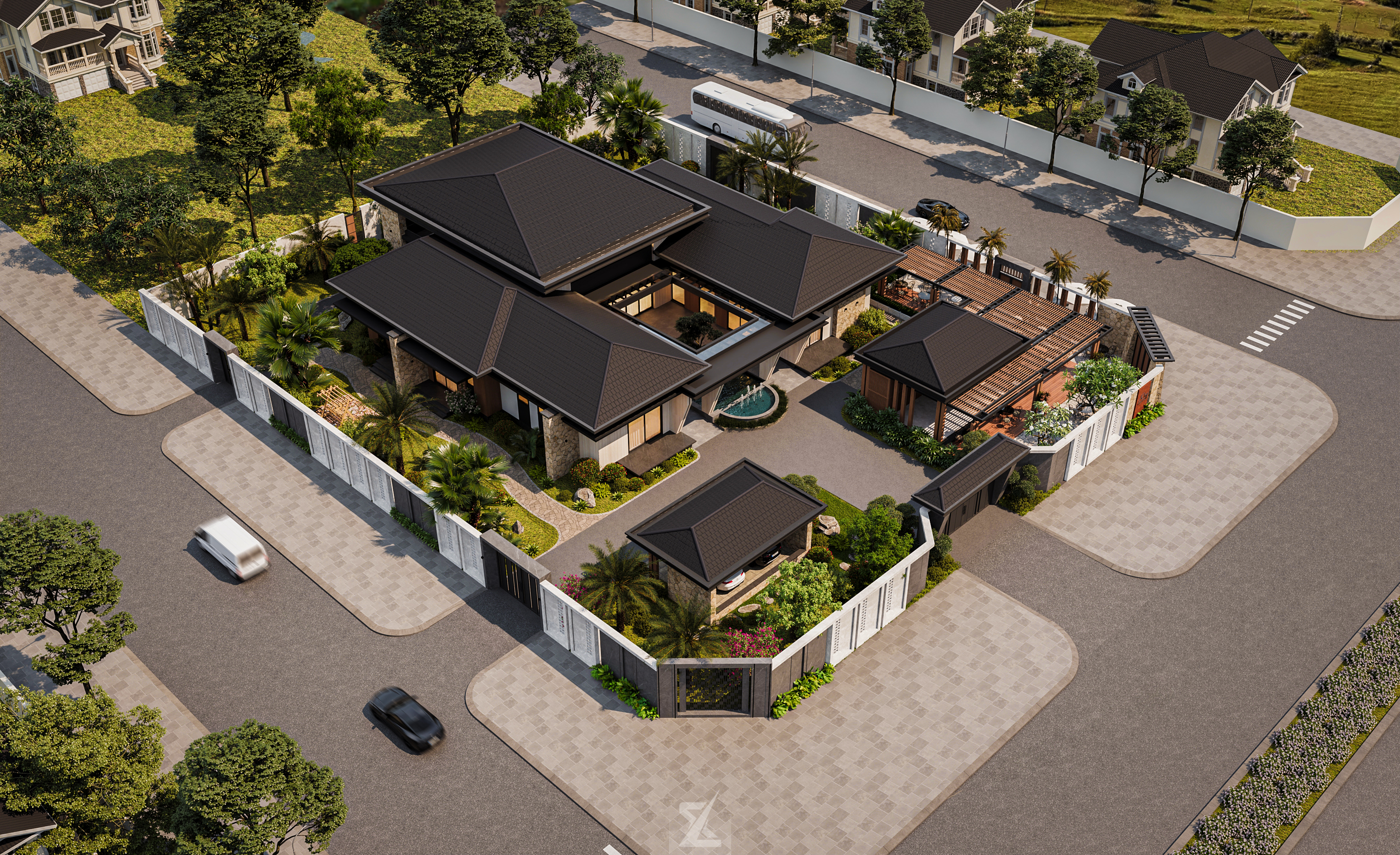 Phối cảnh tổng thể từ trên cao biệt thự vườn Sakura Garden Villa Long An