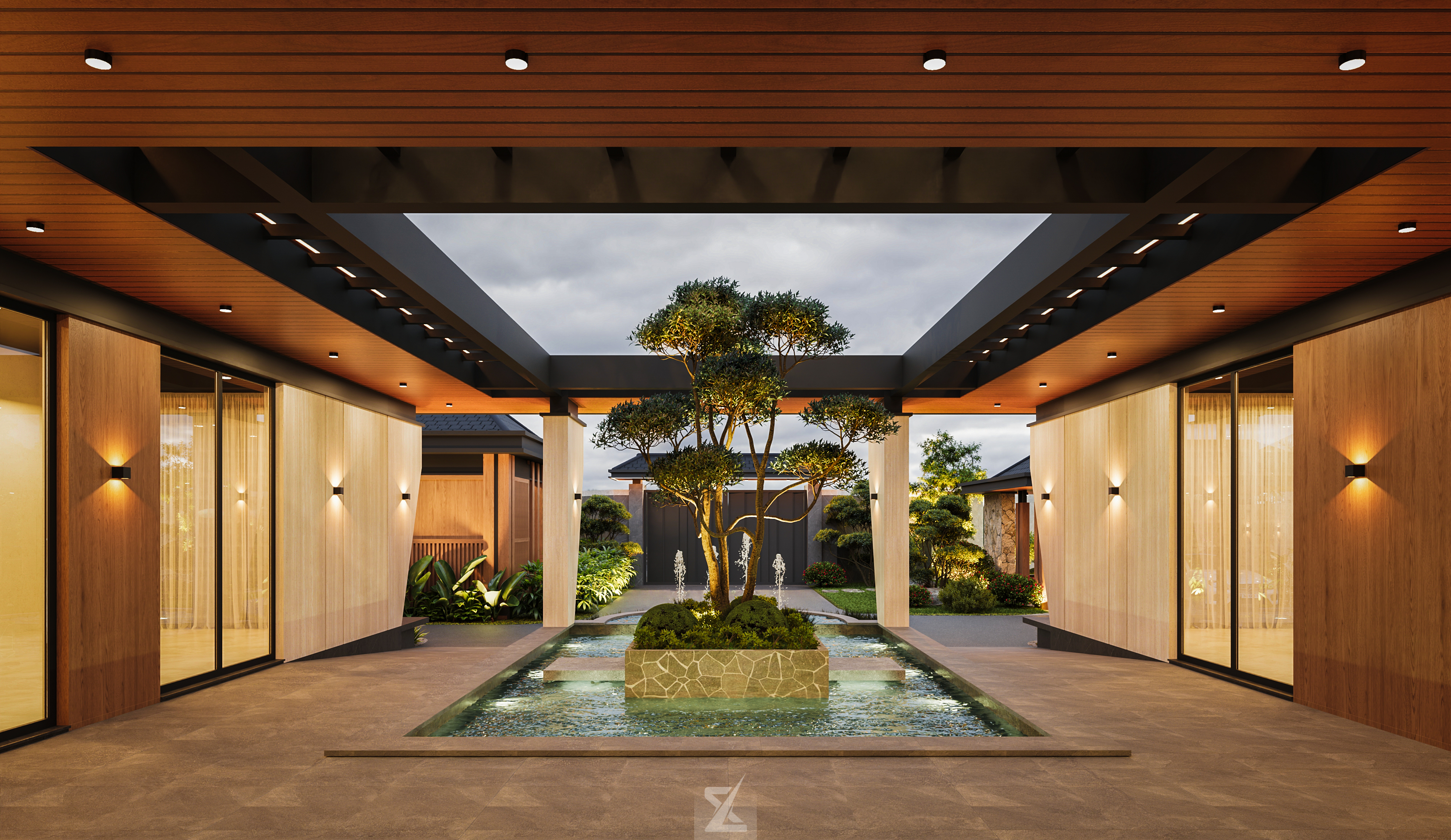 Sân trong Courtyard giếng trời tĩnh tại với hồ nước và tùng bonsai