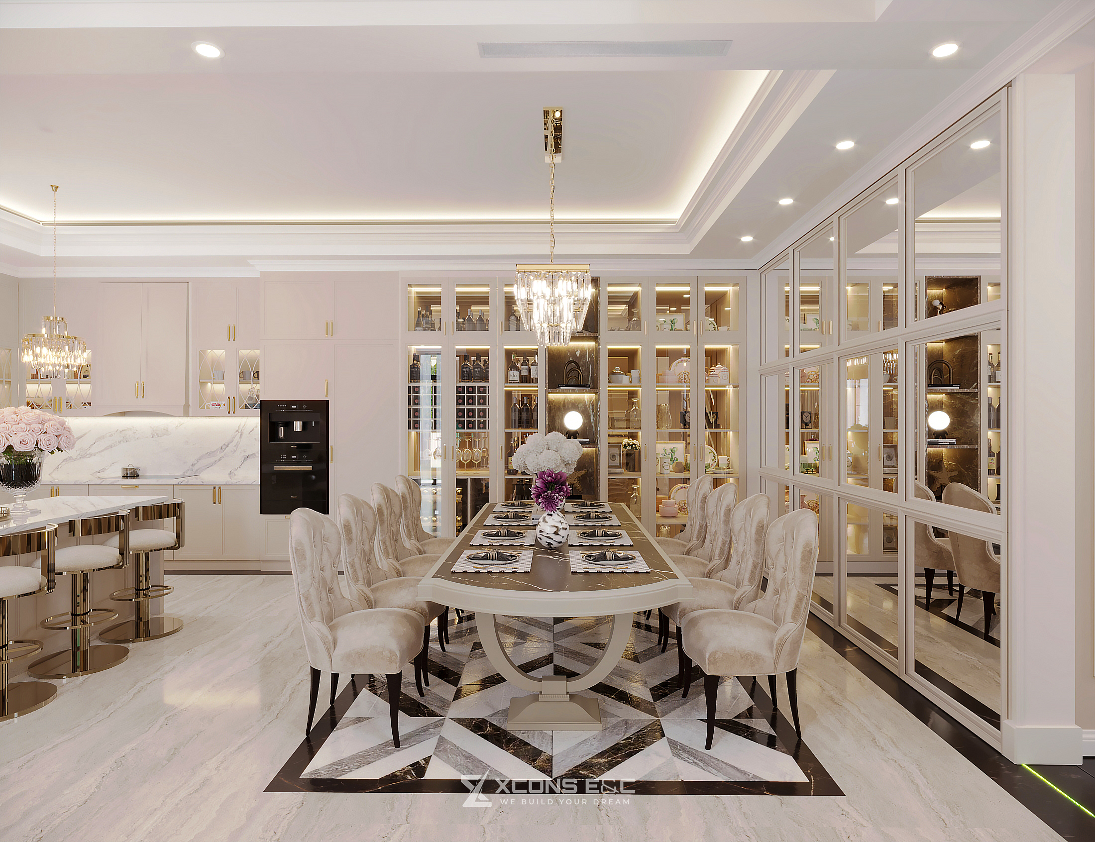 Không gian bếp và phòng ăn hoàng gia sang trọng tại Roxanne Villa