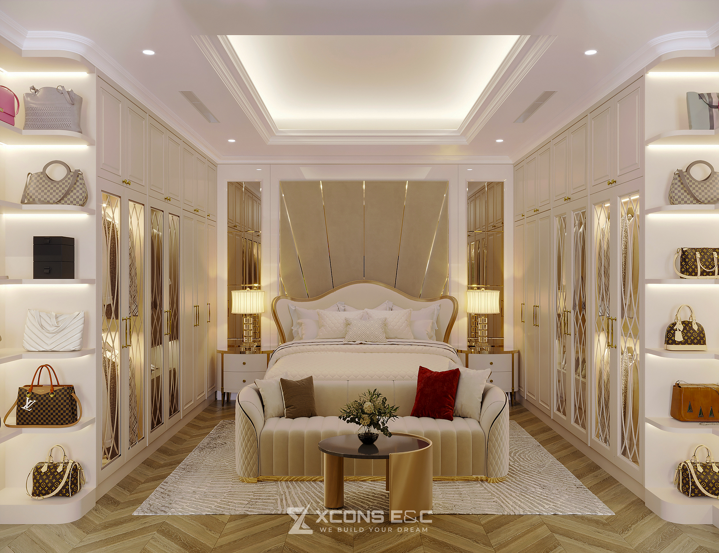 Phòng ngủ Master VIP phong cách Art Deco kết hợp phòng thay đồ walk-in closet sang trọng
