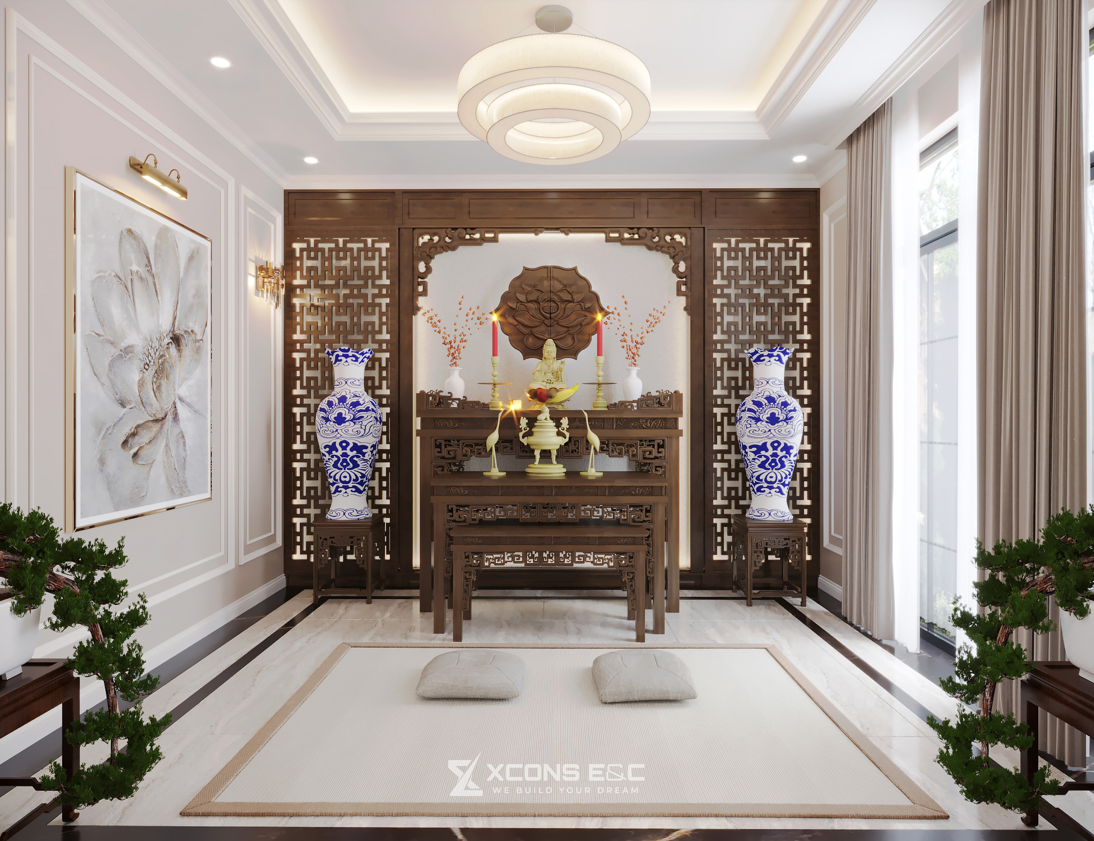 Phòng thờ gia tiên trang nghiêm tĩnh tại với đôi lục bình sứ lam tại Roxanne Villa
