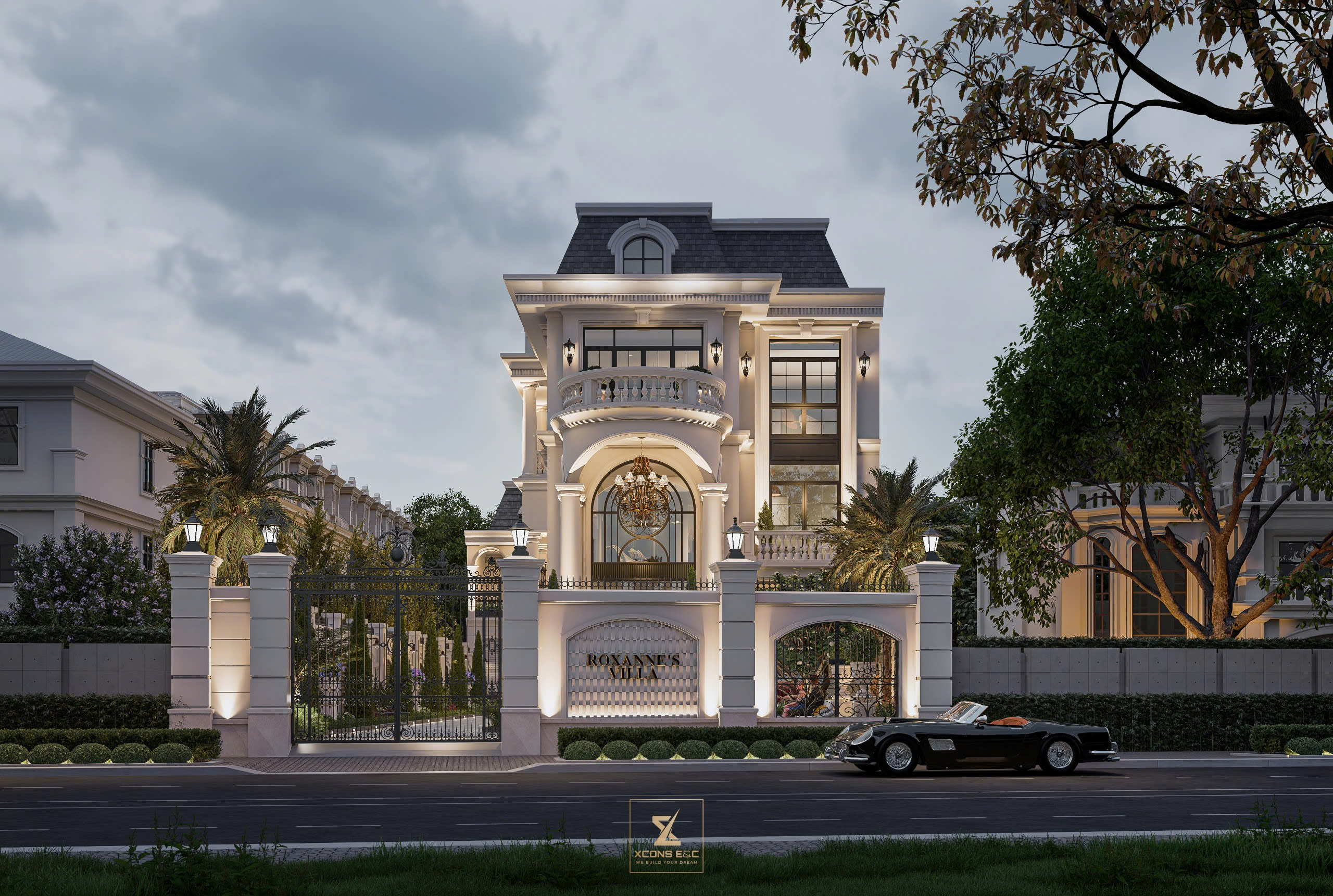Mặt tiền cổng chính Roxanne Villa lộng lẫy dưới ánh đèn đêm