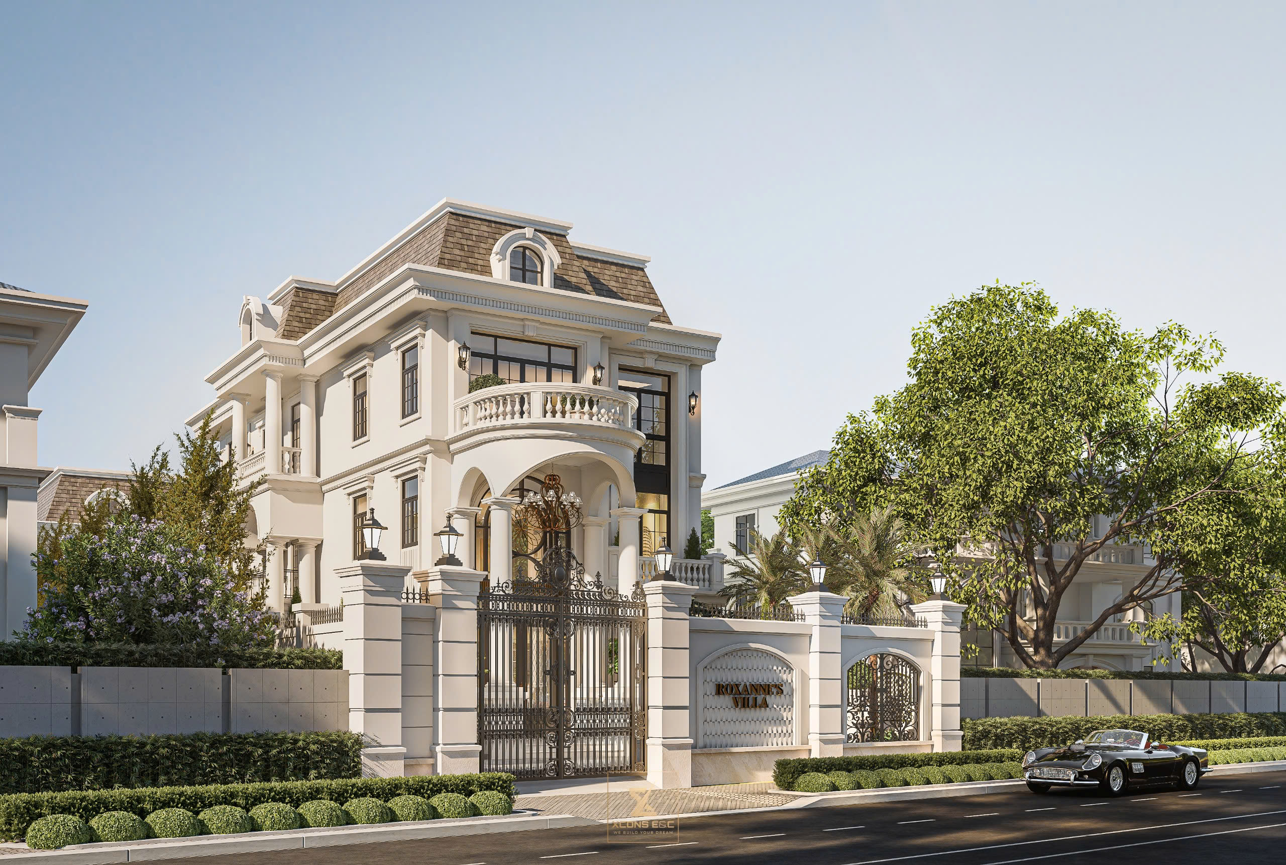 Phối cảnh góc ban ngày toàn cảnh dinh thự Roxanne Villa Bình Dương