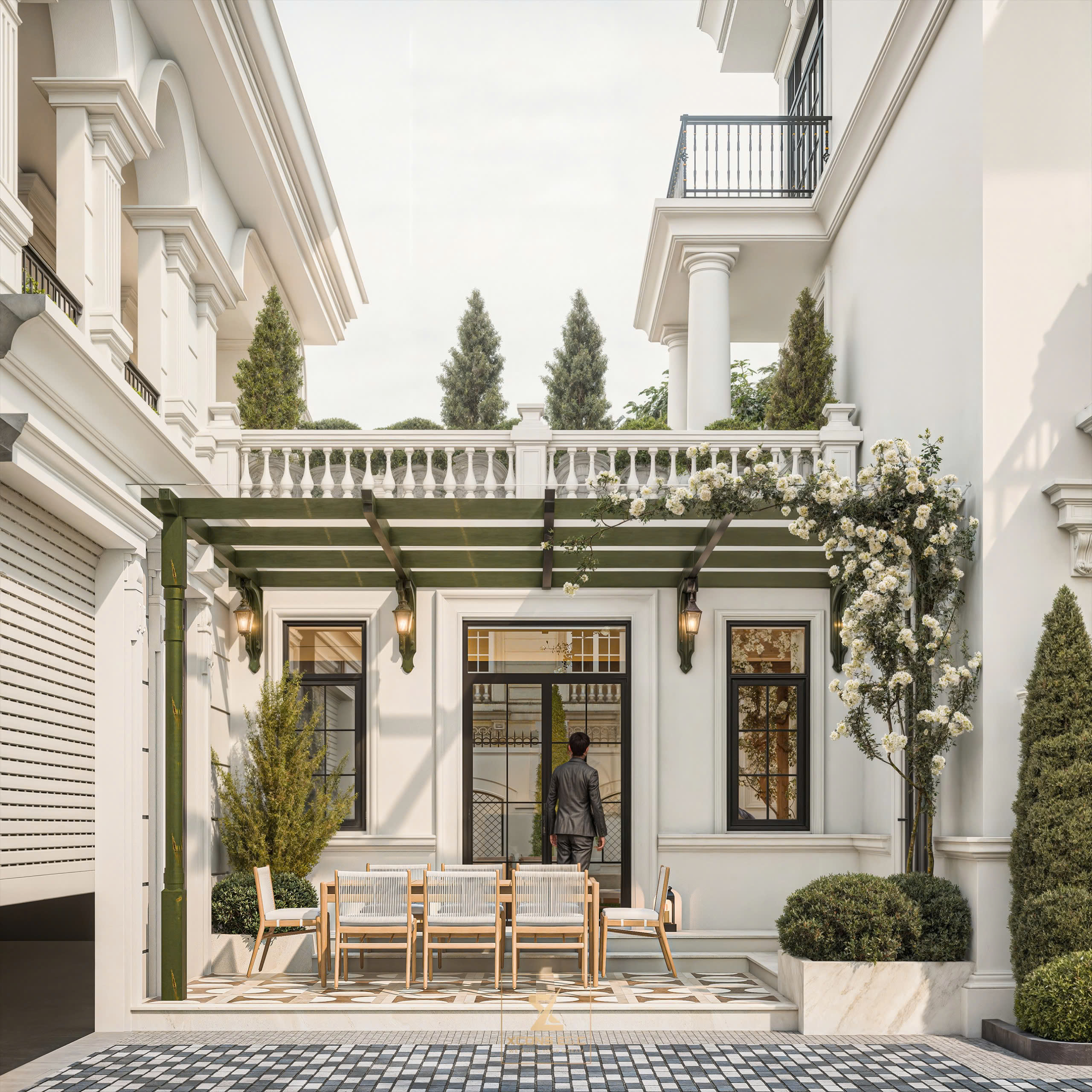 Khoảng sân vườn kết nối giữa 2 khối nhà với giàn hoa pergola và bàn trà tiệc ngoài trời