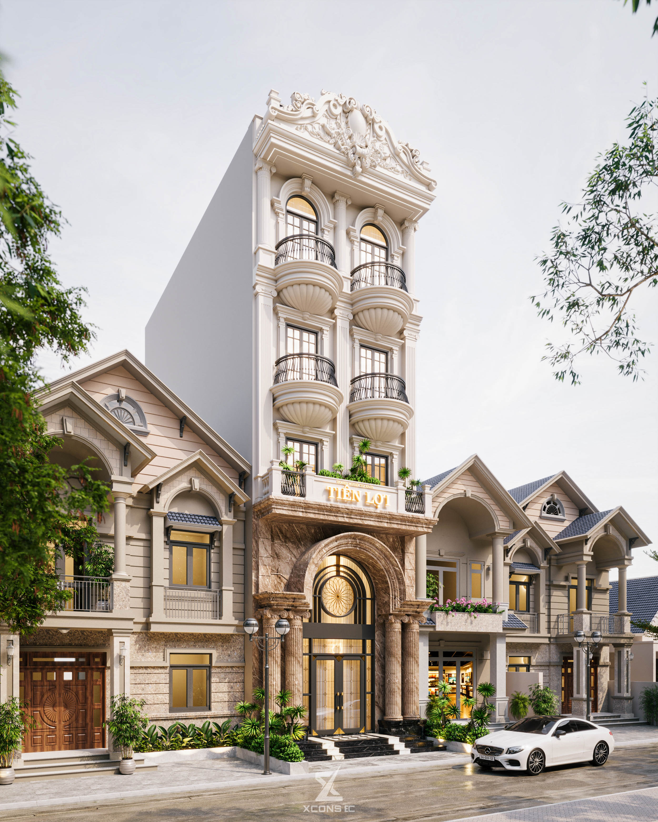 Phối cảnh tổng thể mặt tiền nhà phố biệt thự 5 tầng Tiên Lợi Villa tại Tiền Giang