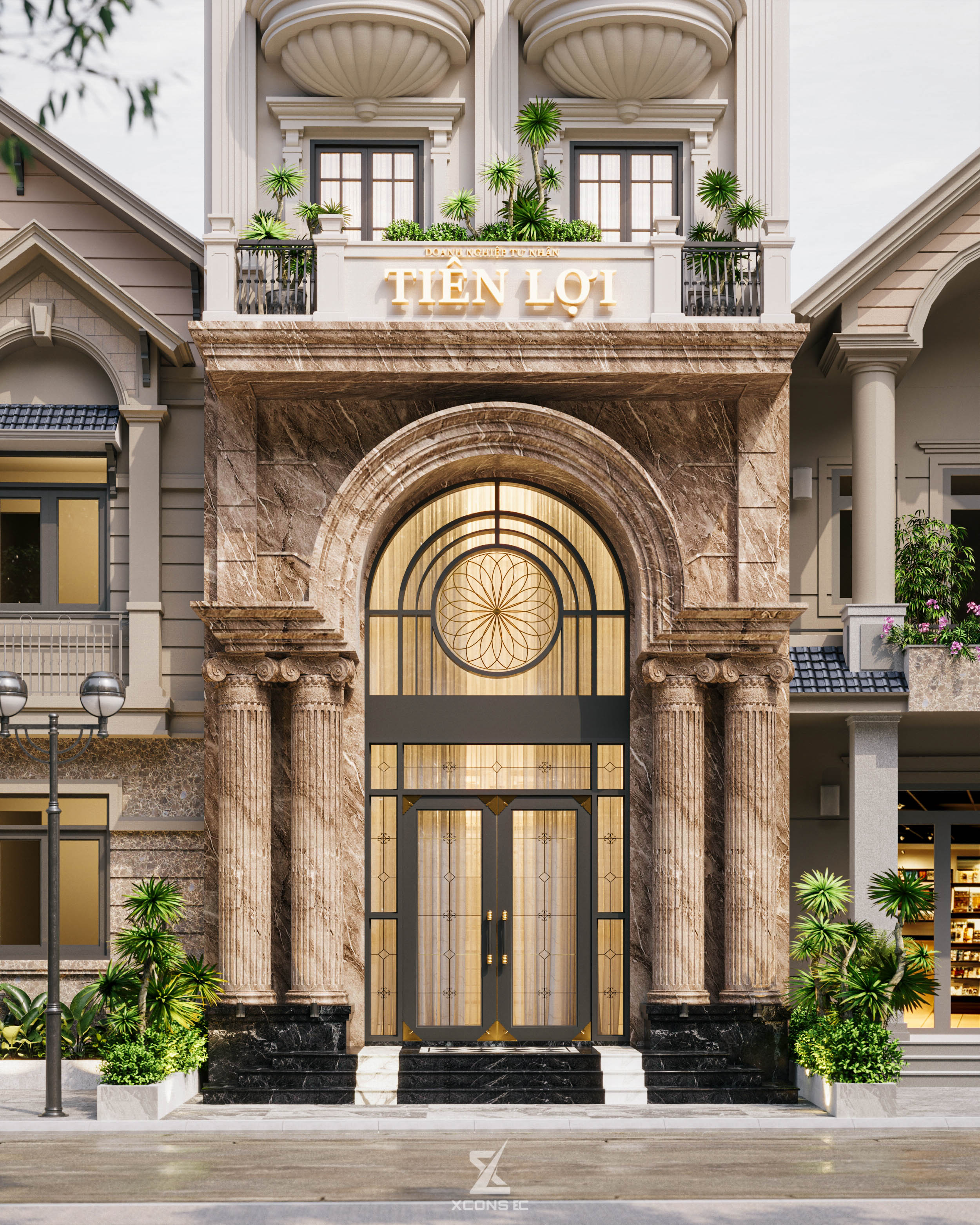 Cận cảnh mặt tiền tầng trệt ốp đá marble nâu vân mây và biển hiệu tiệm vàng Tiên Lợi