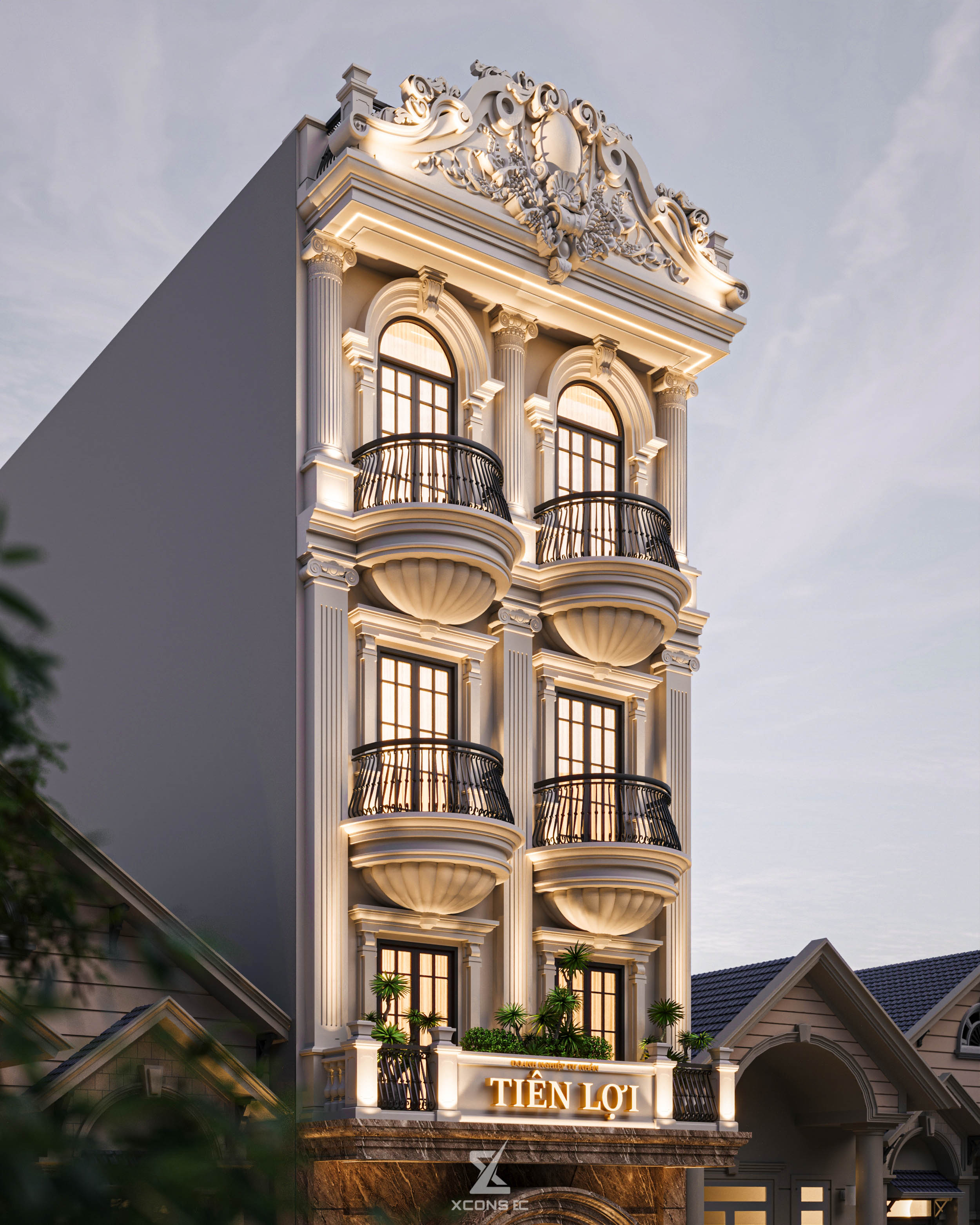 Chi tiết kiến trúc ban công vỏ sò và phù điêu Baroque tinh xảo ở các tầng trên