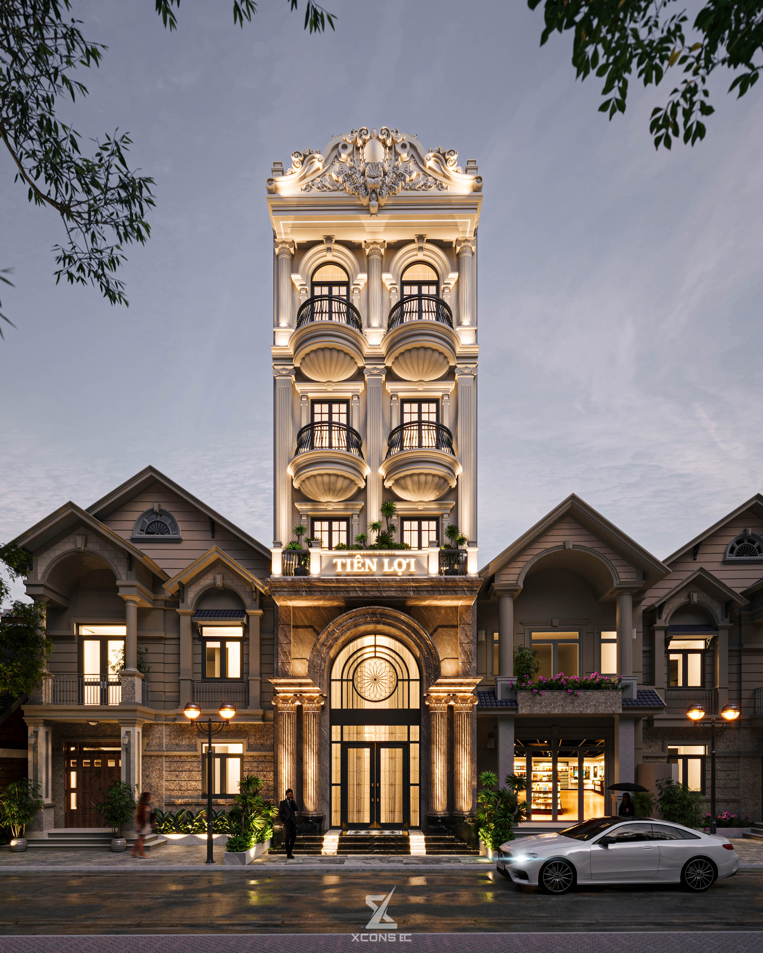 Mặt tiền Tiên Lợi Villa lung linh huyền ảo dưới ánh sáng nghệ thuật về đêm