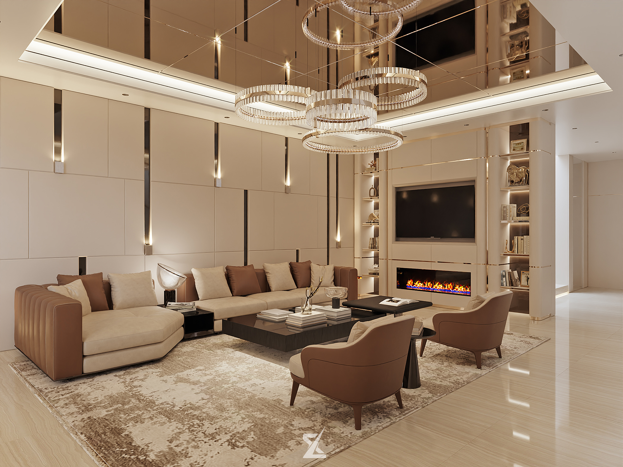 Nội thất phòng khách sang trọng với trần gương bronze phản chiếu và vách tivi ốp đá marble