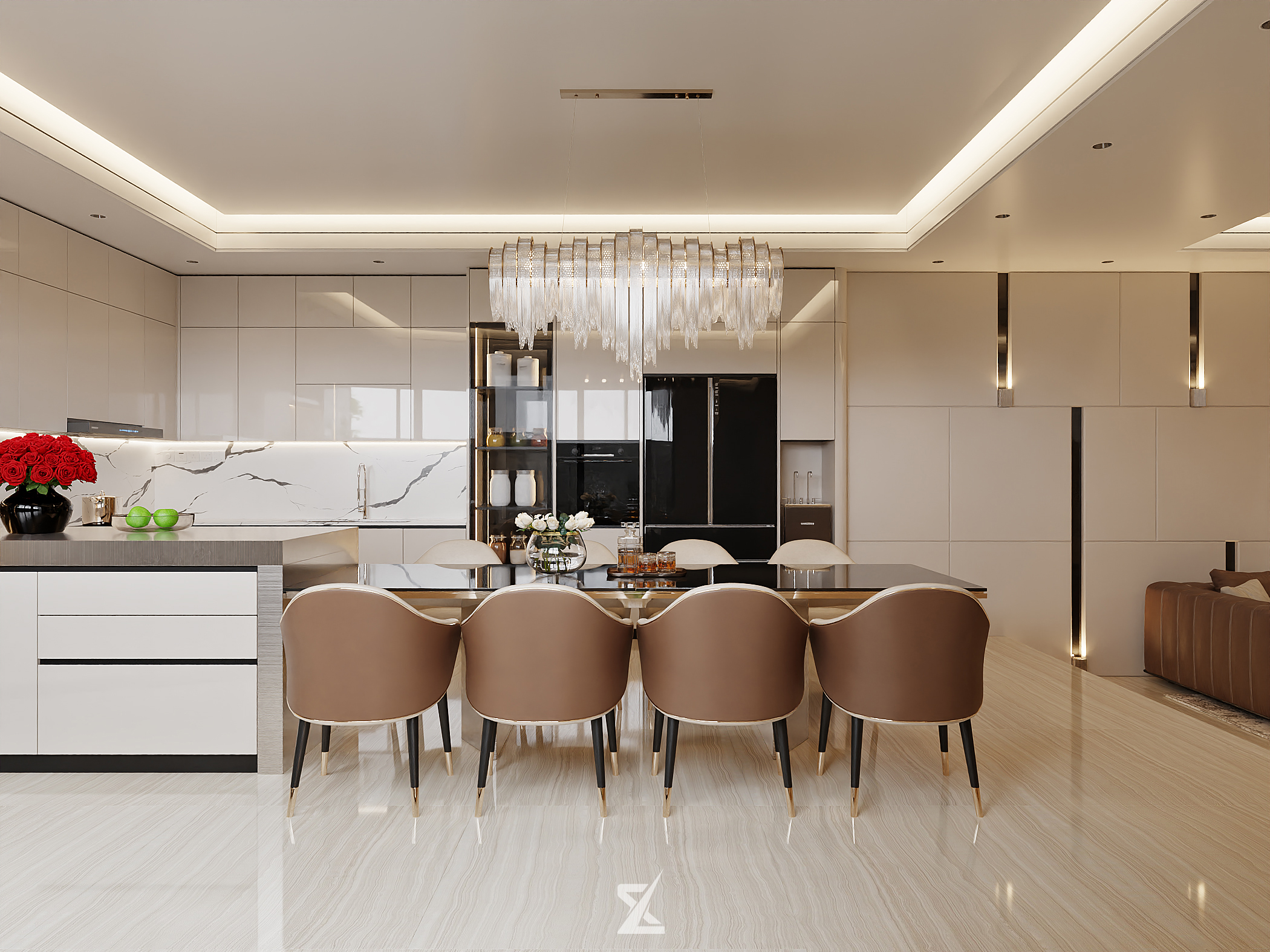 Khu vực phòng ăn 8 ghế bọc da cao cấp và đảo bếp tiện nghi tại Tiên Lợi Villa