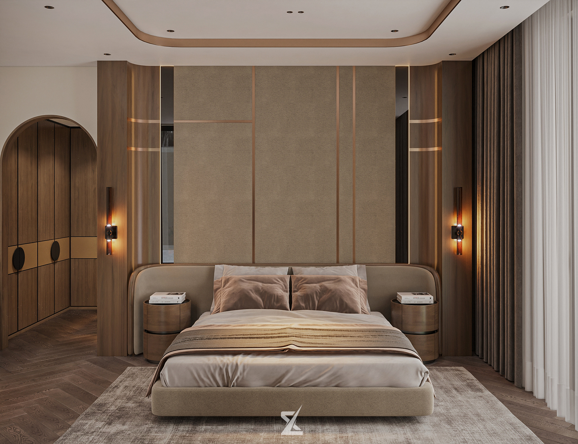 Phòng ngủ Master VIP phong cách Tân Cổ Điển Hiện Đại với vách đầu giường bọc da nẹp đồng