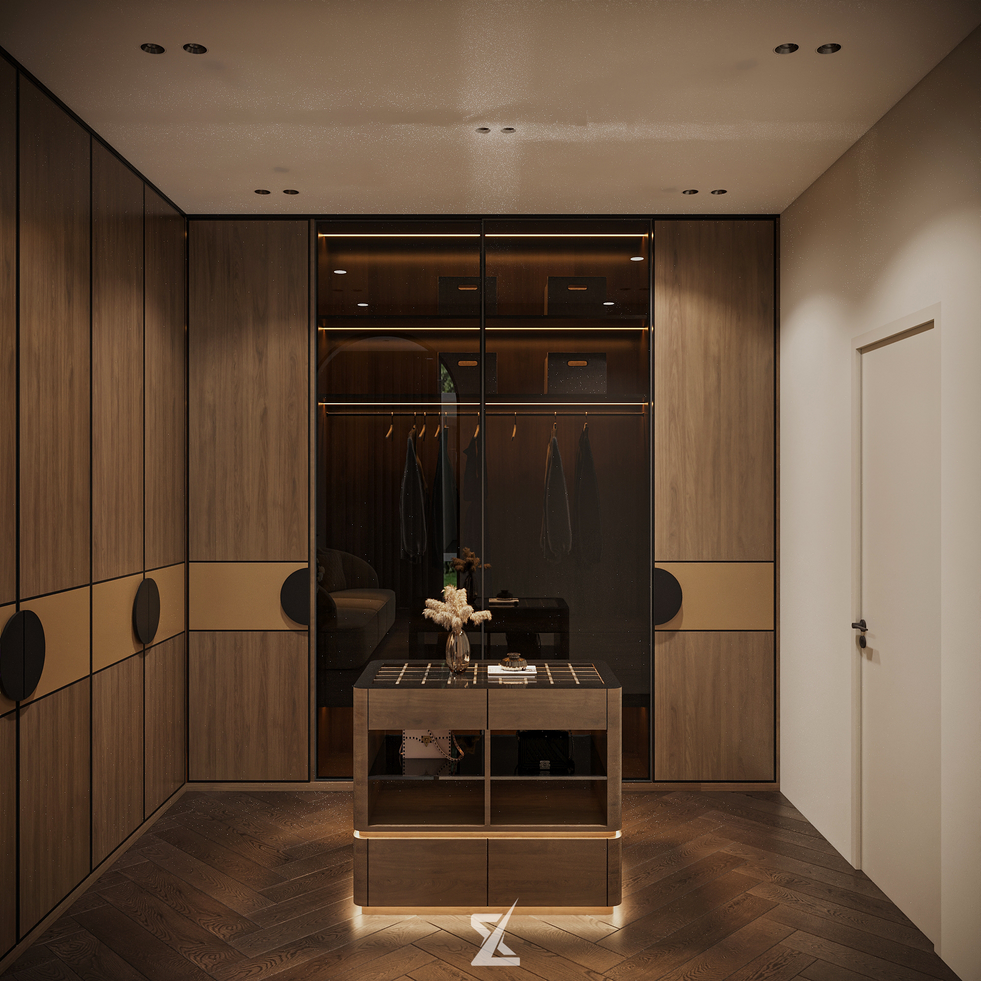 Không gian phòng thay đồ Walk-in Closet cao cấp với đảo phụ kiện mặt kính và tủ cánh kính led
