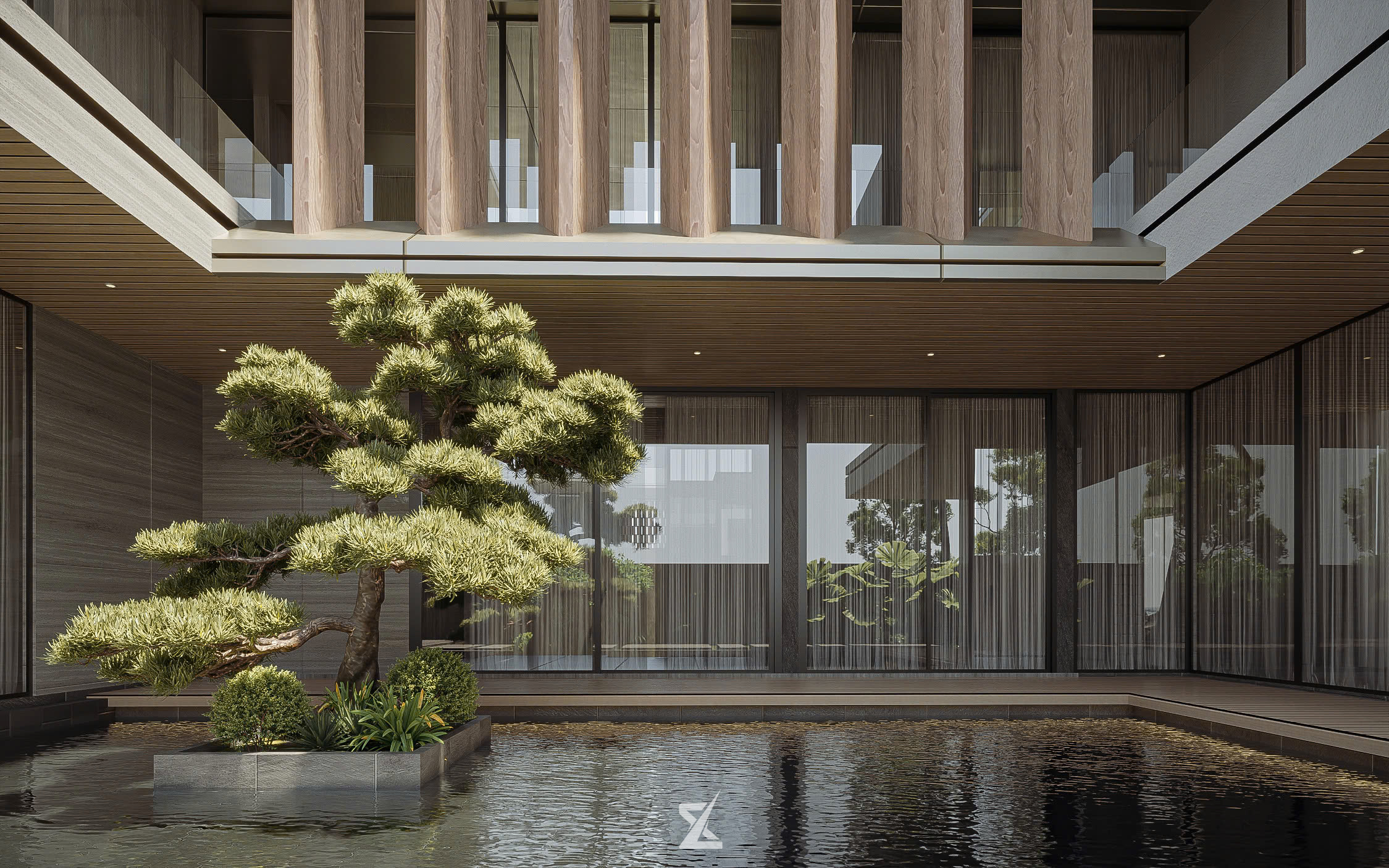 Khu vực hồ nước vườn thiền bonsai Nhật Bản