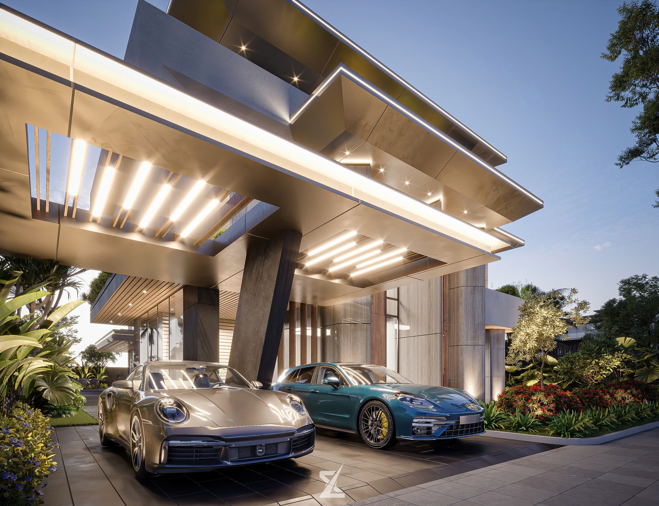 Khu vực gara có mái che canopy hiện đại