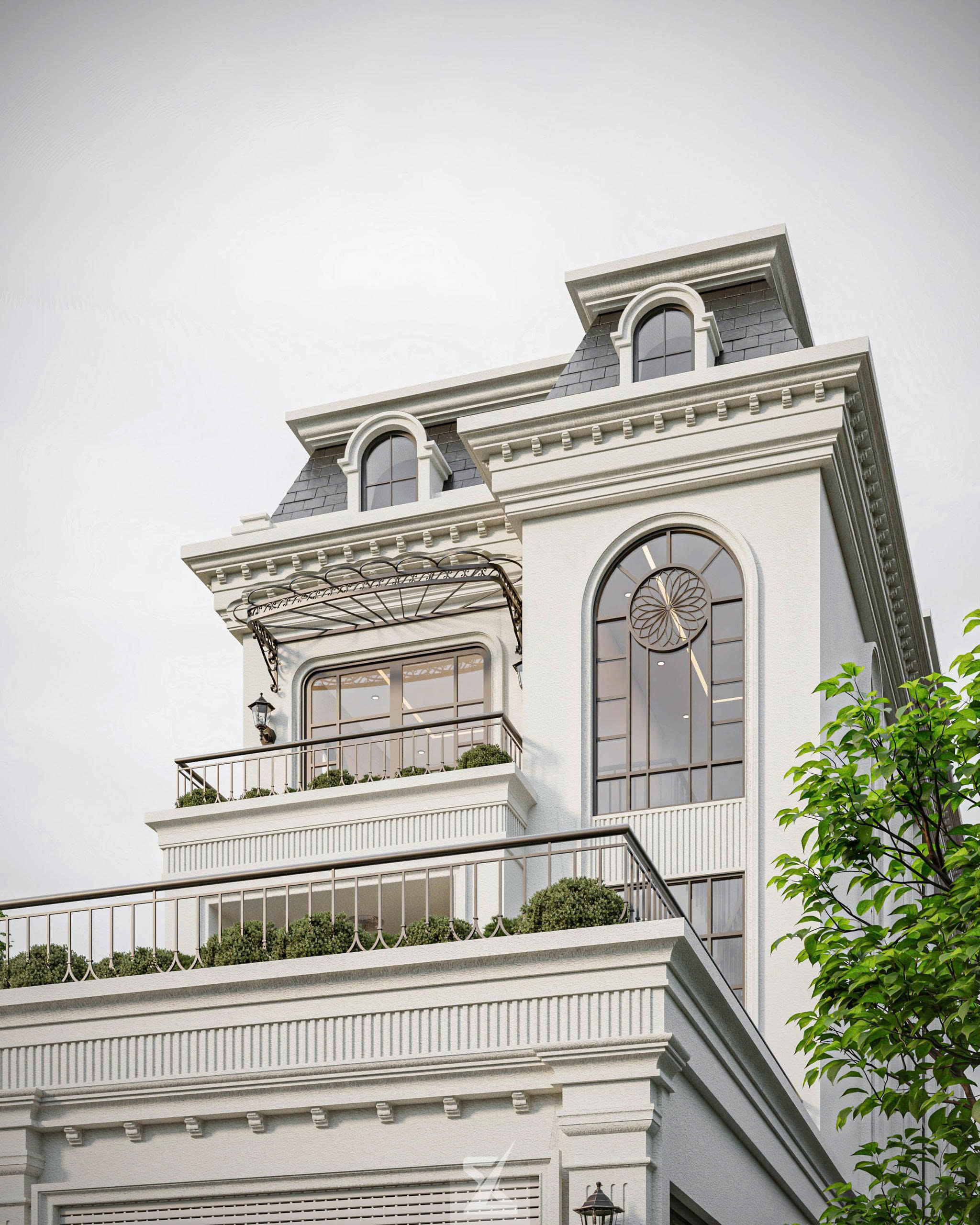 Cận cảnh chi tiết mái Mansard và vòm kính hoa văn