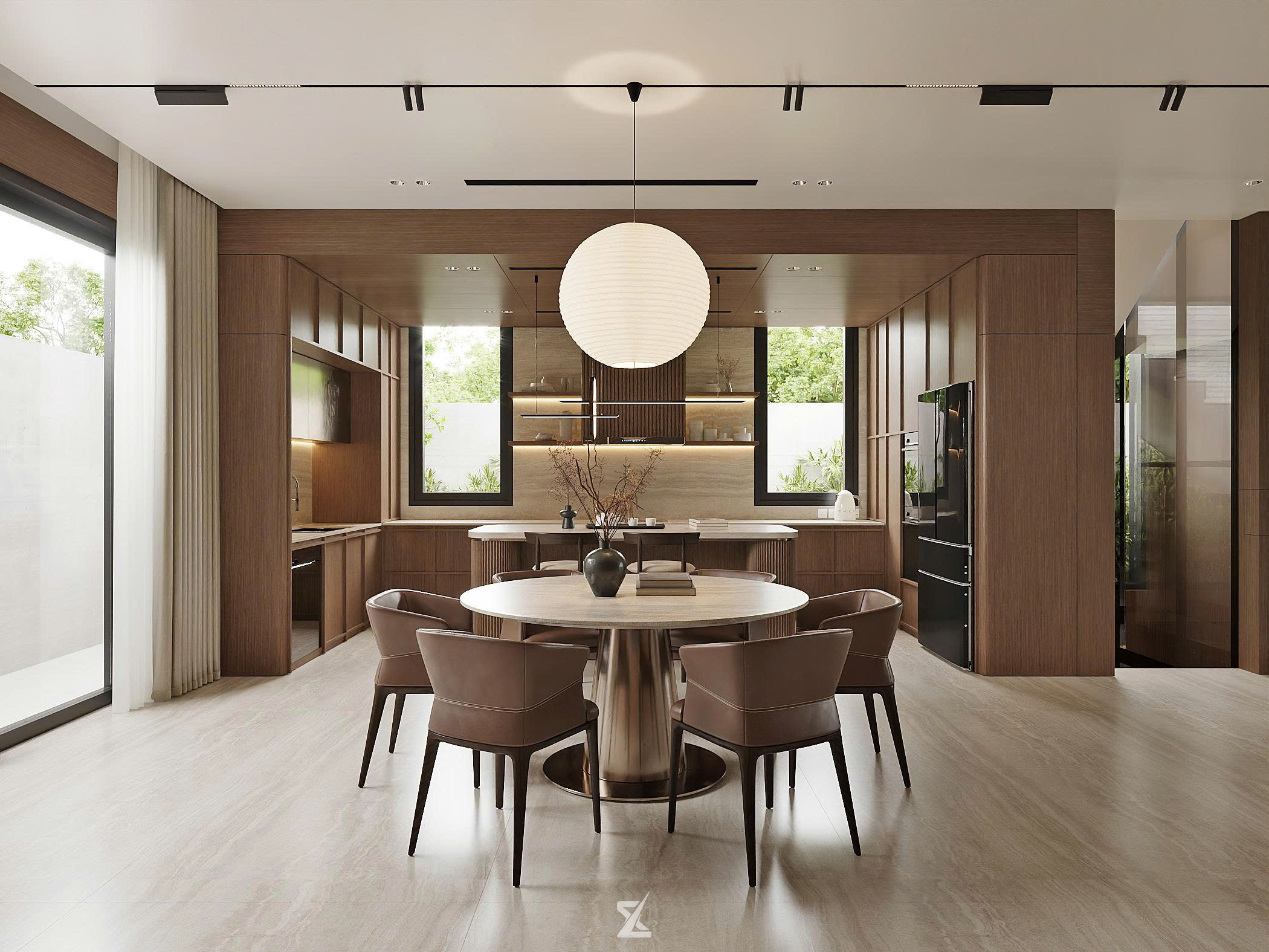 Khu vực bếp và bàn ăn tròn phong cách Japandi ấm áp tại MAELIN VILLA