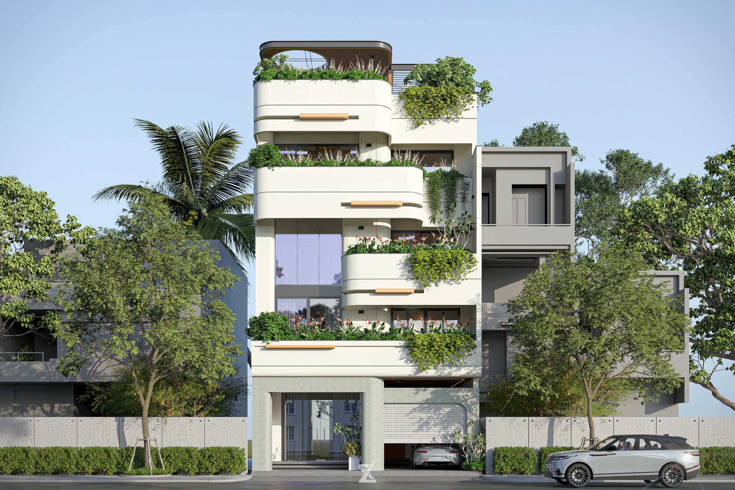 Mặt đứng chính diện biệt thự MIDORI VILLA phô diễn giải pháp kính thông tầng và gara tiện nghi