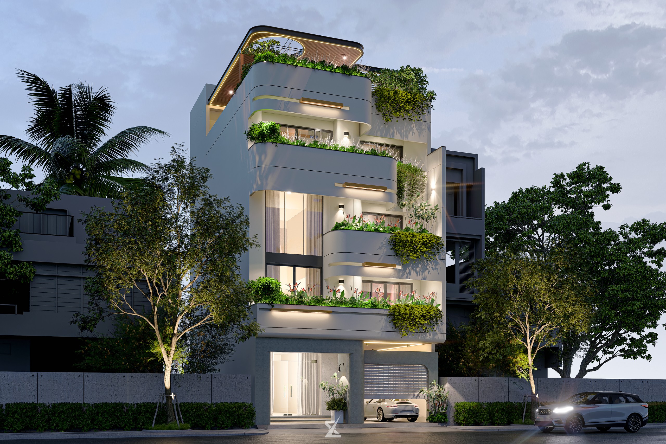 Phối cảnh ban đêm lung linh ánh đèn của biệt thự MIDORI VILLA giữa lòng phố thị