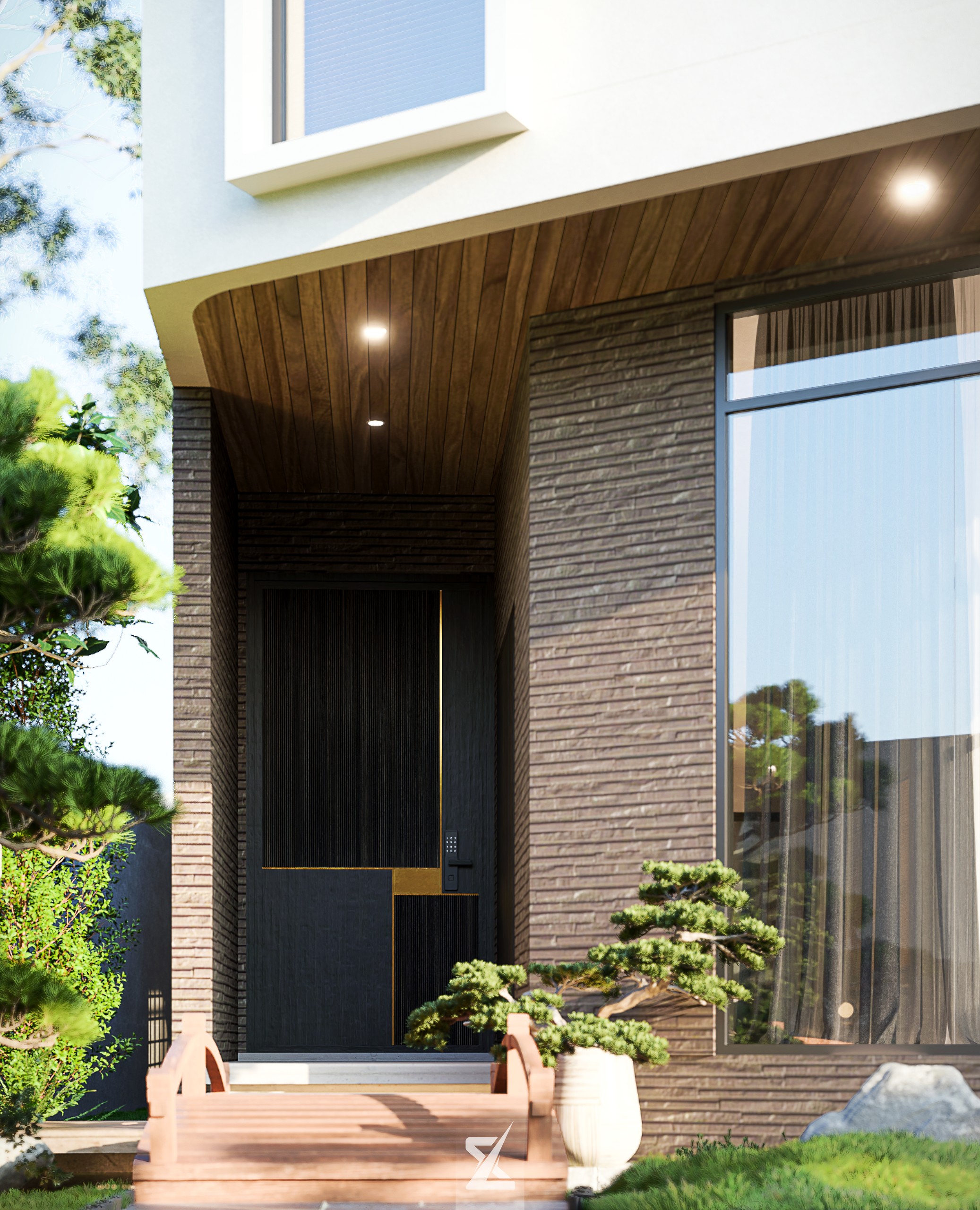 Sảnh đón và cửa chính biệt thự NOVA RESIDENCE với cây cầu gỗ nhỏ bắc qua hồ cá Koi và chậu bonsai nghệ thuật