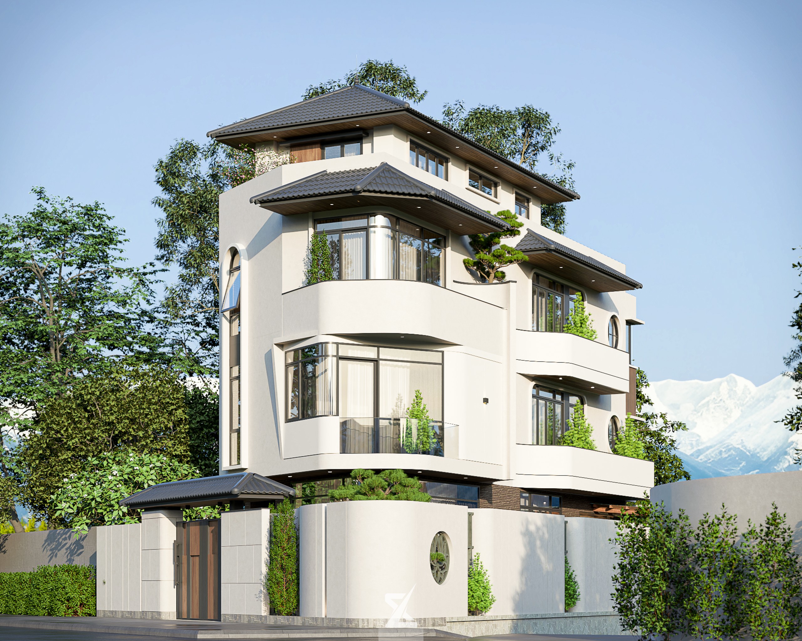 Phối cảnh mặt tiền biệt thự NOVA RESIDENCE với mái ngói dốc kiểu Nhật và hệ kính bo cong panorama sang trọng