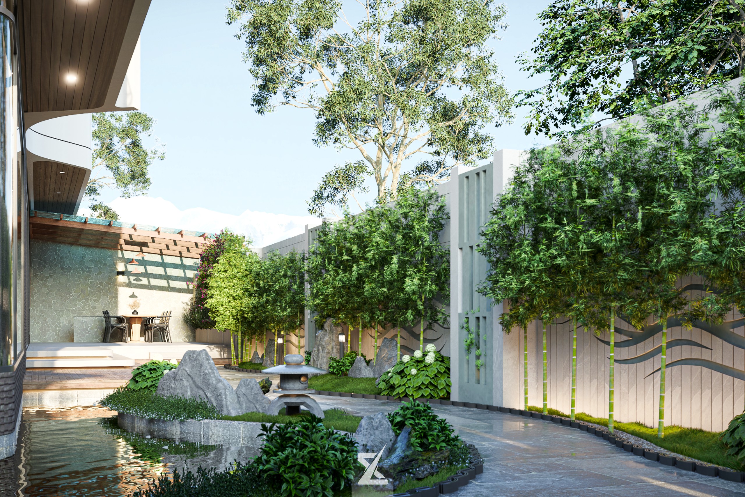 Khu vườn thiền Nhật Bản thanh tịnh bên hồ cá Koi và hiên thưởng trà ngoài trời tại NOVA RESIDENCE