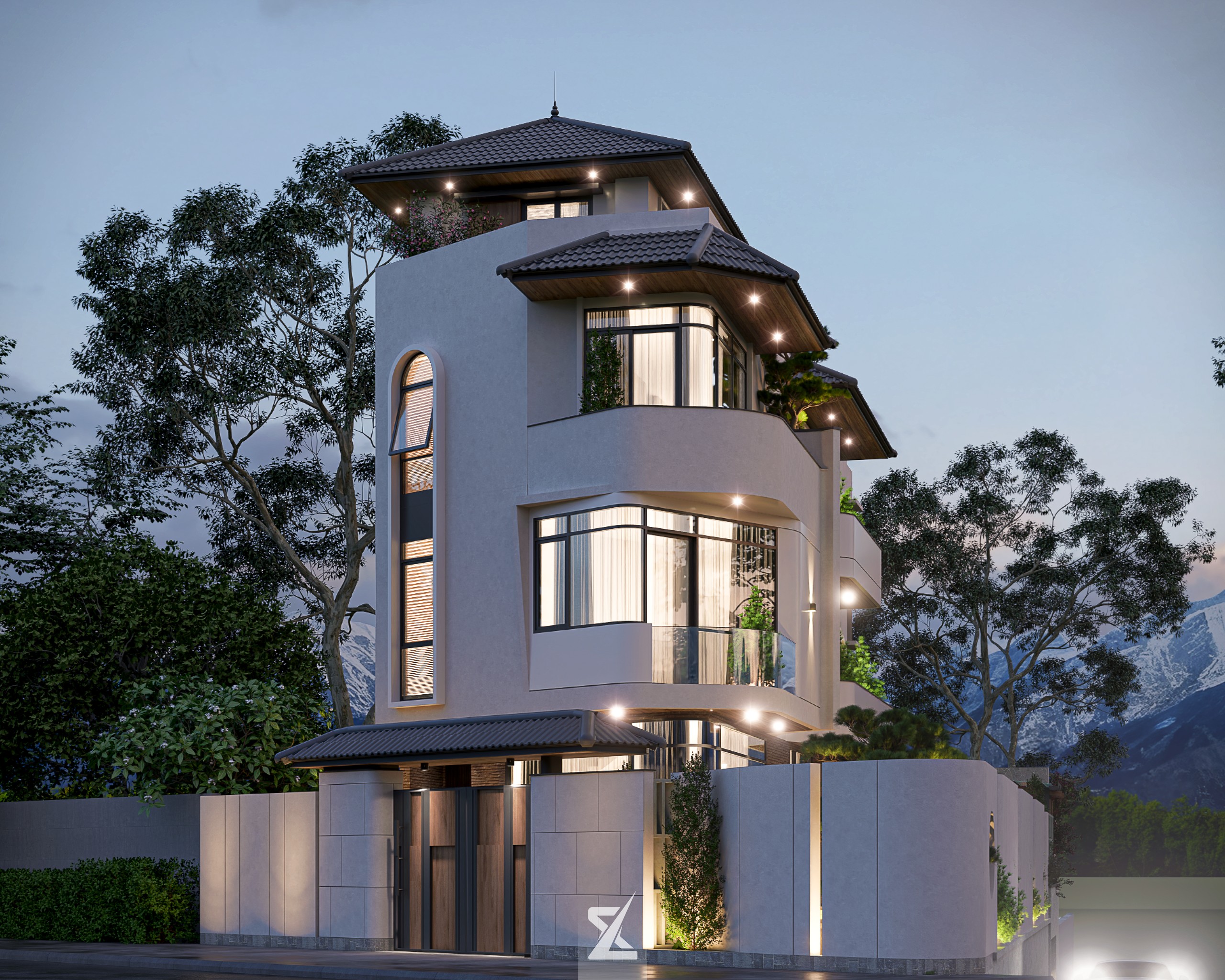 Phối cảnh mặt tiền biệt thự NOVA RESIDENCE ban đêm lung linh ấm áp dưới ánh đèn vàng