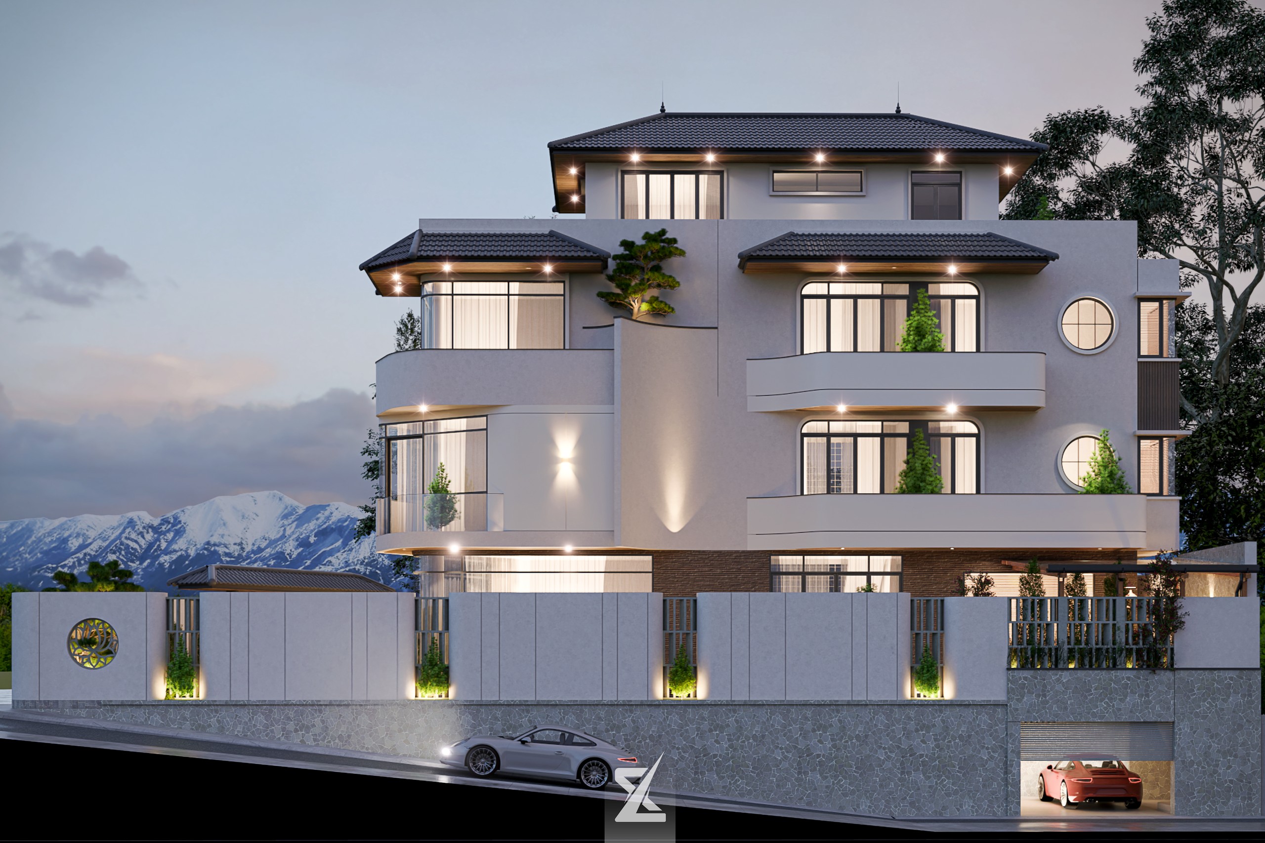 Toàn cảnh mặt bên 20m của biệt thự NOVA RESIDENCE phô diễn tầng bán hầm và ánh sáng đêm lộng lẫy