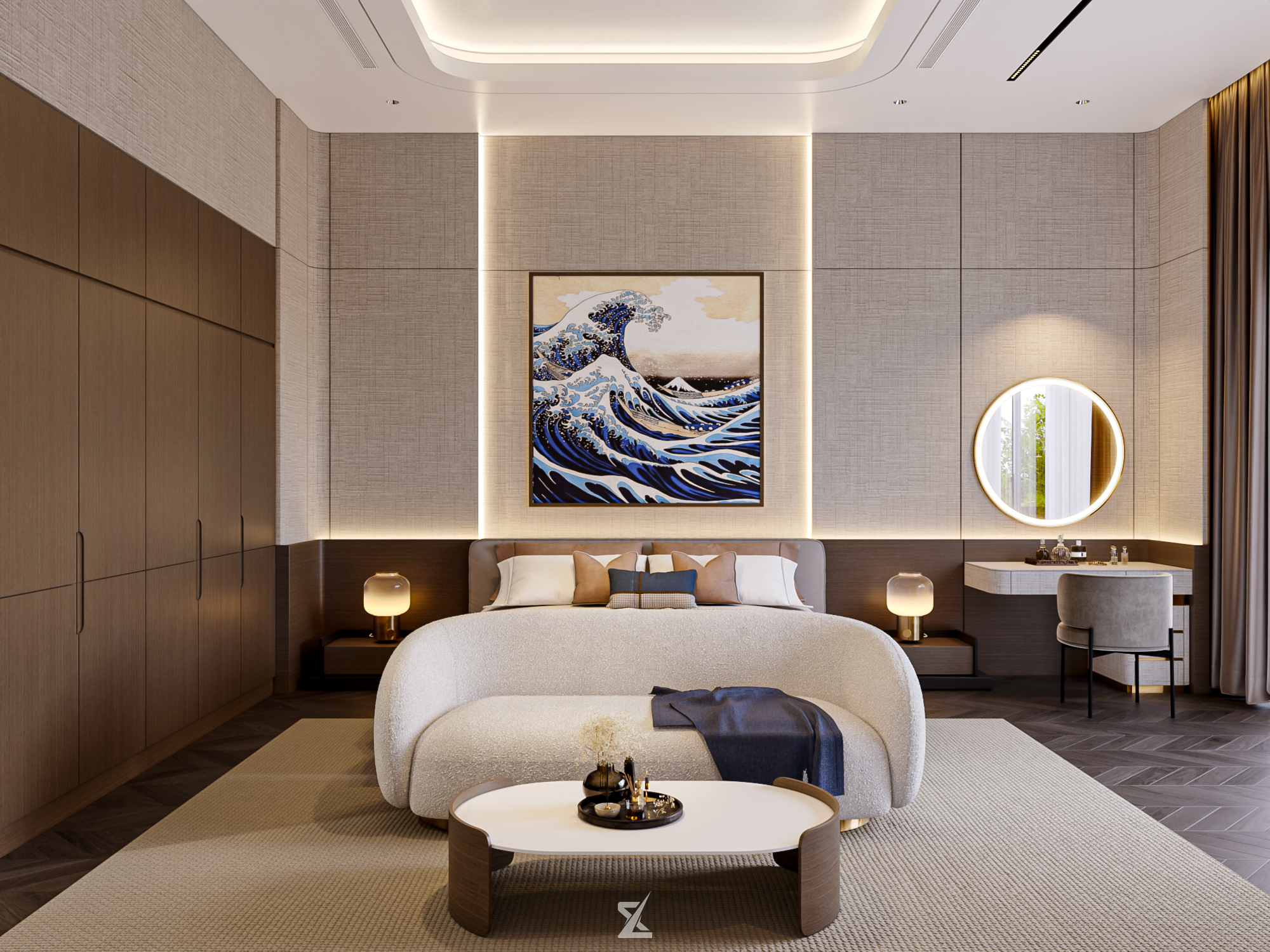 Phòng ngủ Master VIP với tranh Sóng lừng Kanagawa và sofa boucle thư giãn sang trọng