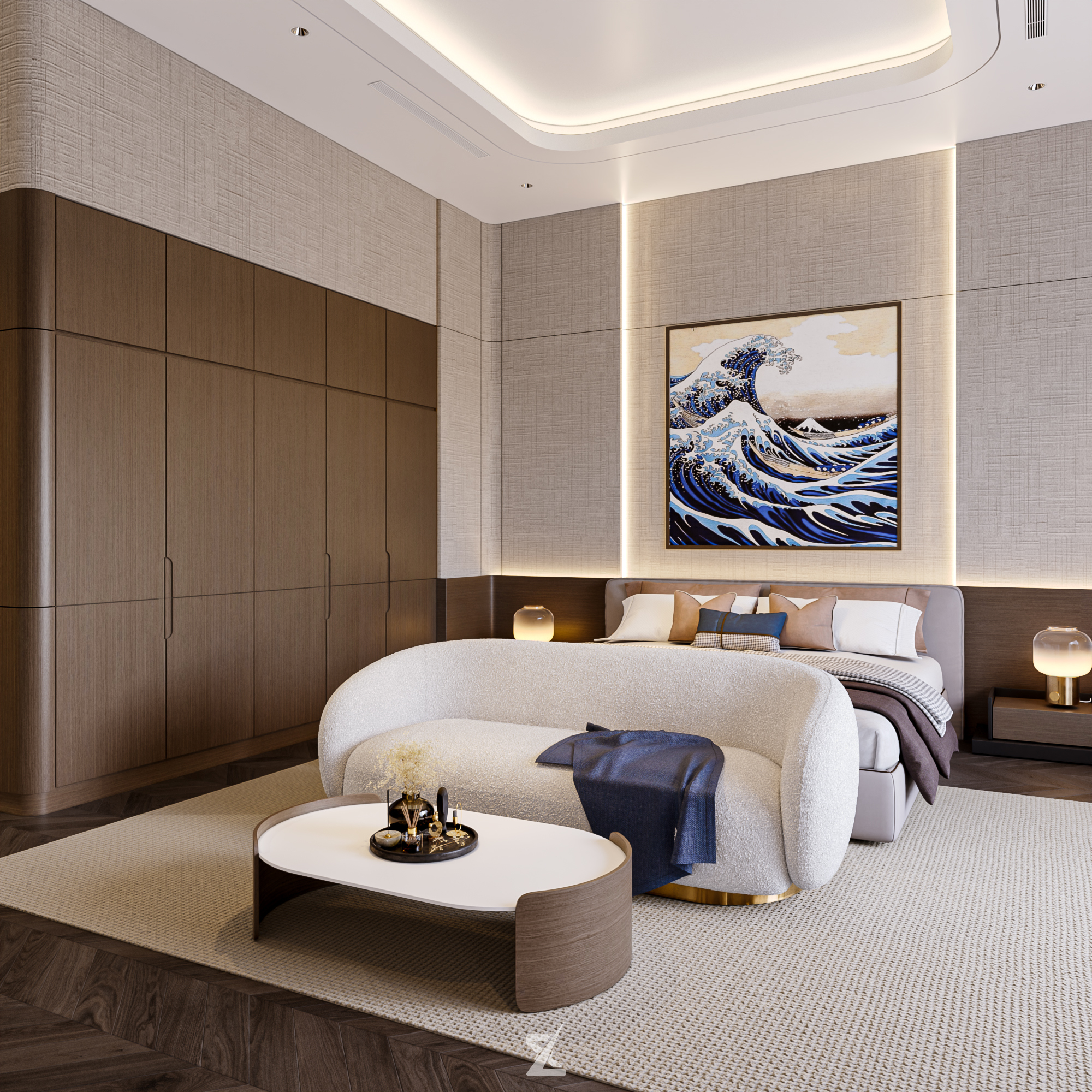Góc nhìn chi tiết hệ tủ áo âm tường bo góc tròn và ánh sáng gián tiếp trong phòng Master VIP