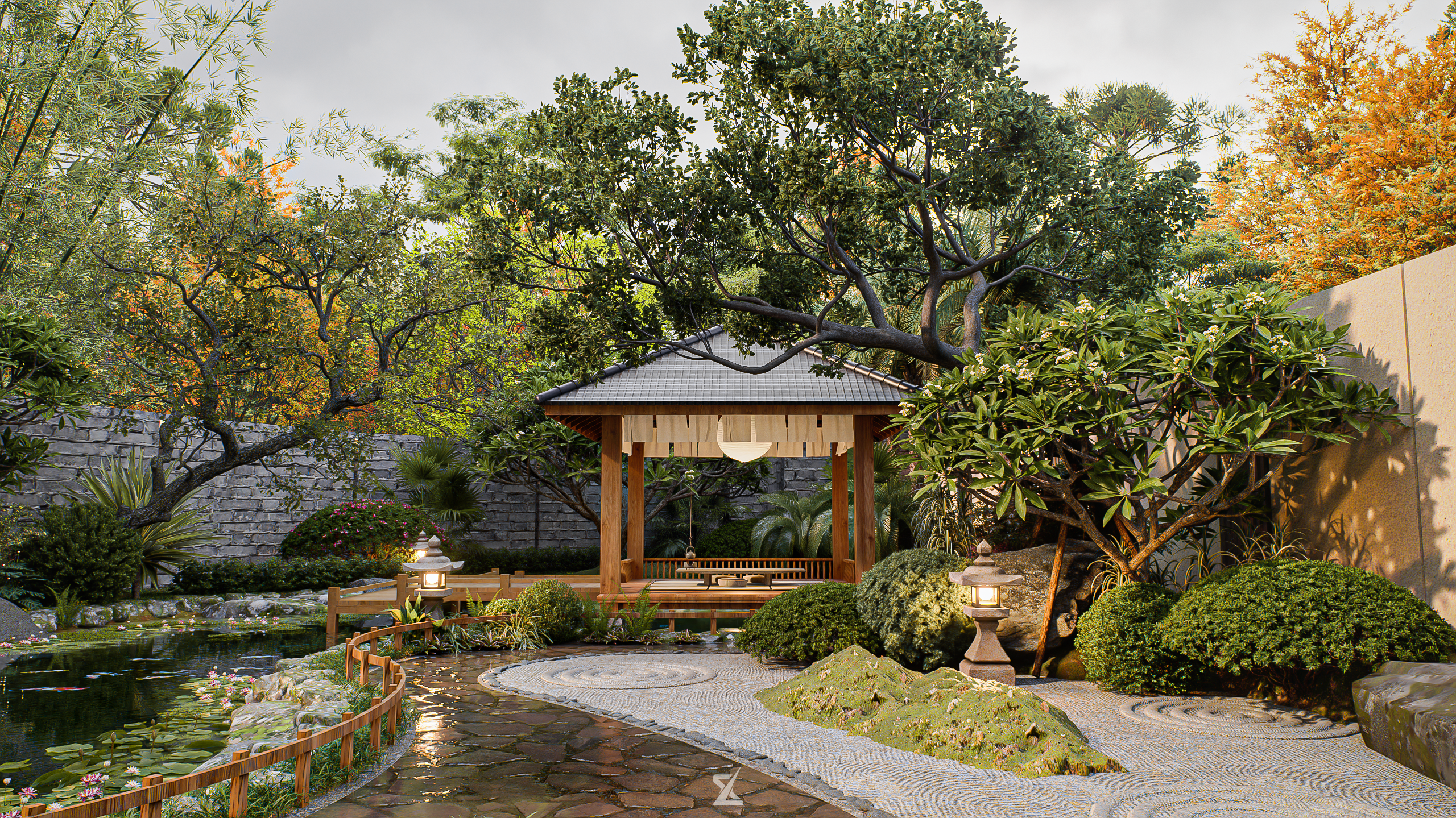 Chòi trà đạo Nhật Bản bên hồ cá Koi và thảm sỏi cào gợn sóng Zen Garden tại TSUKIMI BESSO