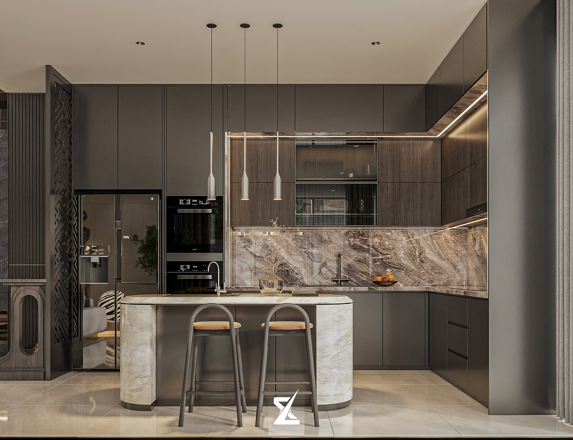 Hệ tủ bếp và đảo bếp đá marble cao cấp