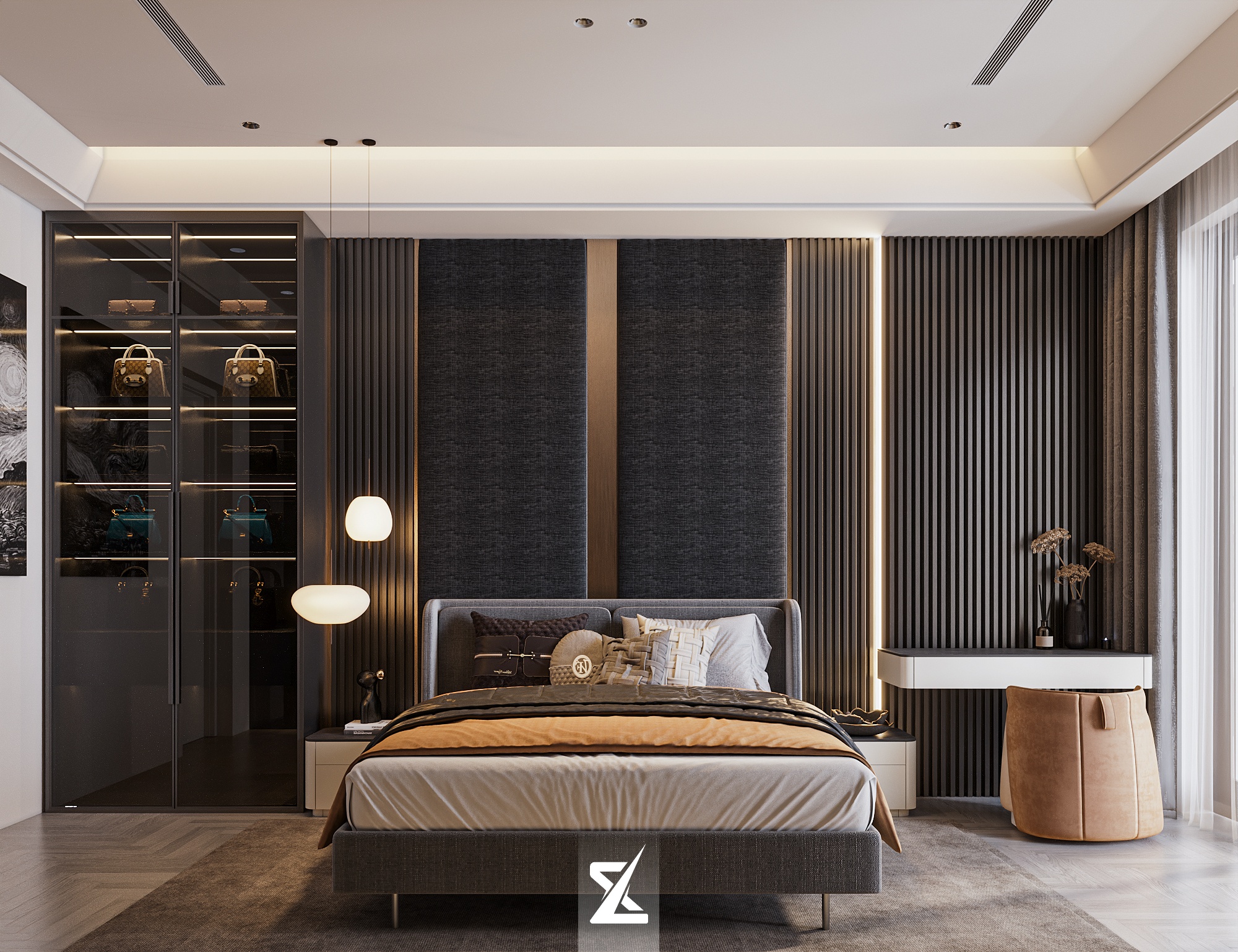 Phòng ngủ Master phong cách Modern Luxury với tủ áo cánh kính thời thượng