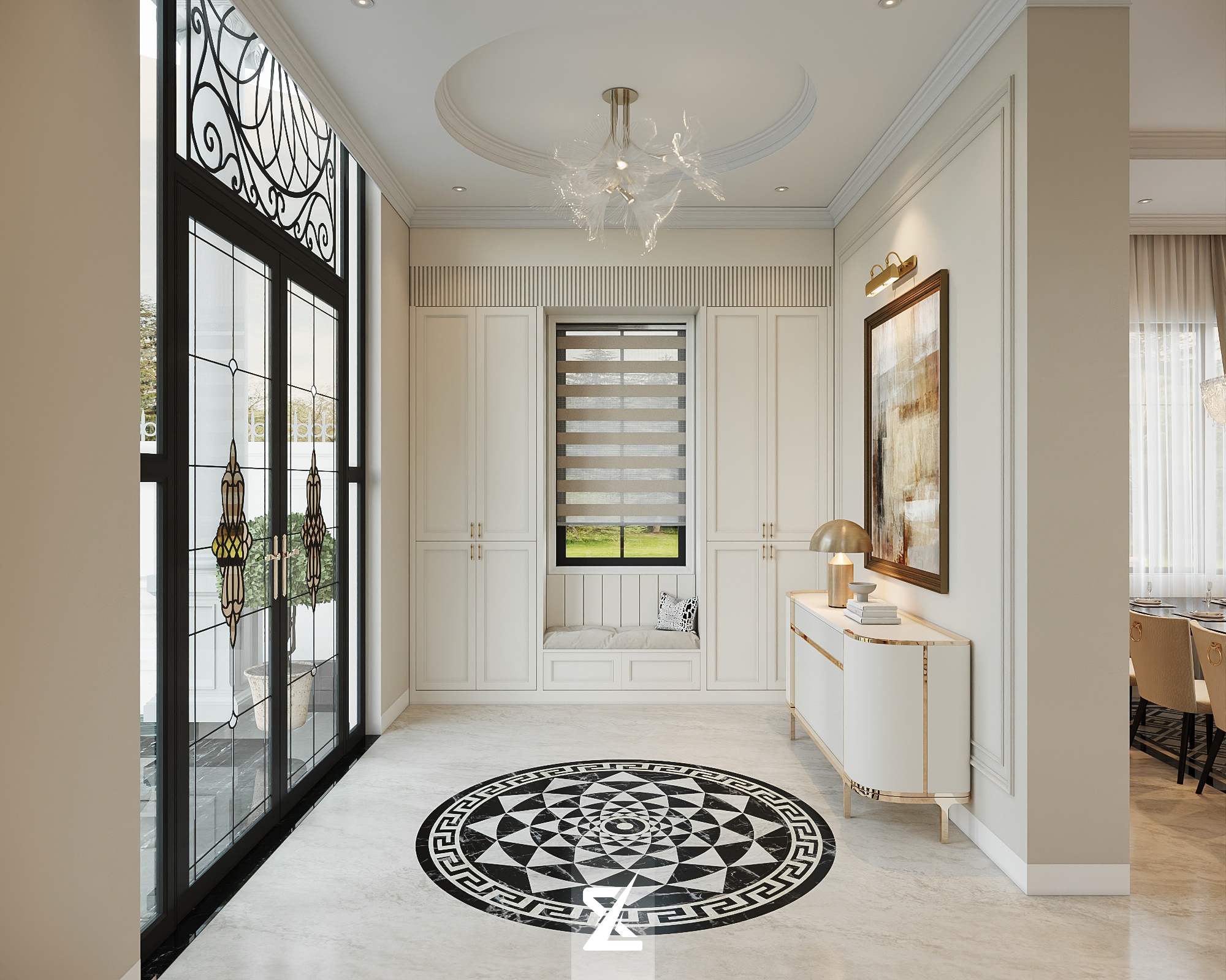 Sảnh đệm lối vào với sàn đá hoa cương họa tiết medallion sang trọng