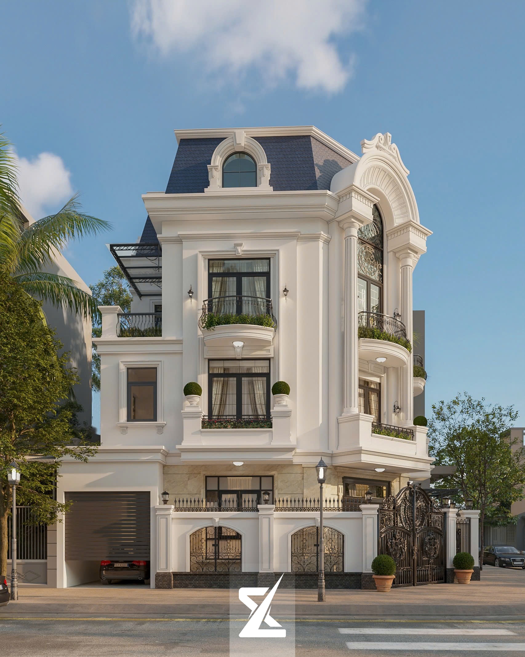 Mặt tiền cánh trái biệt thự tích hợp gara ô tô hiện đại