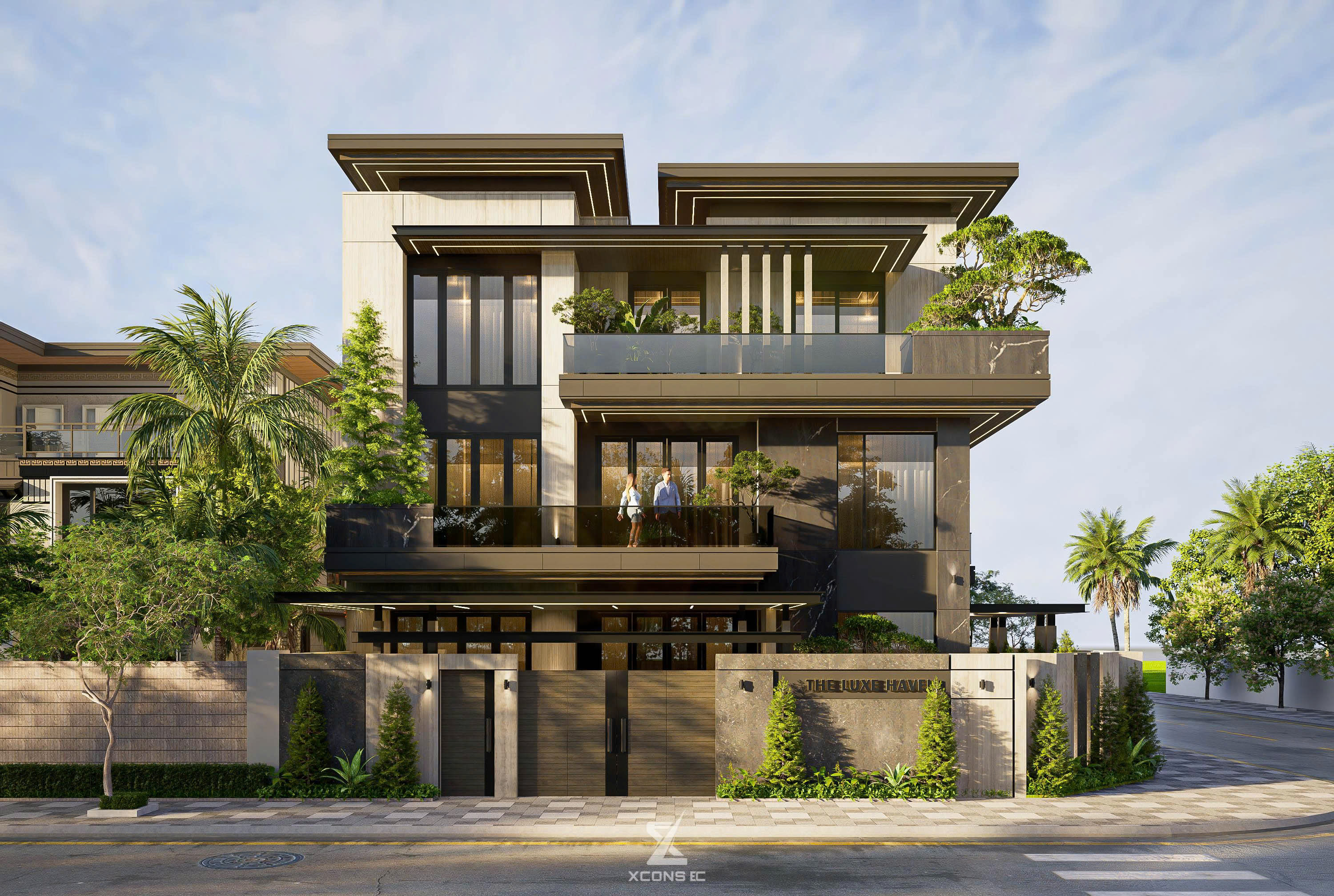 Phối cảnh mặt tiền chính diện hiện đại của The Lux Haven Villa