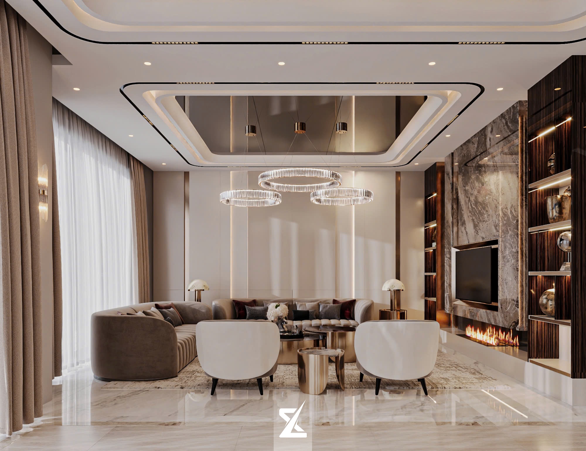 Góc nhìn chính diện vách tivi đá Marble và lò sưởi nghệ thuật phòng khách