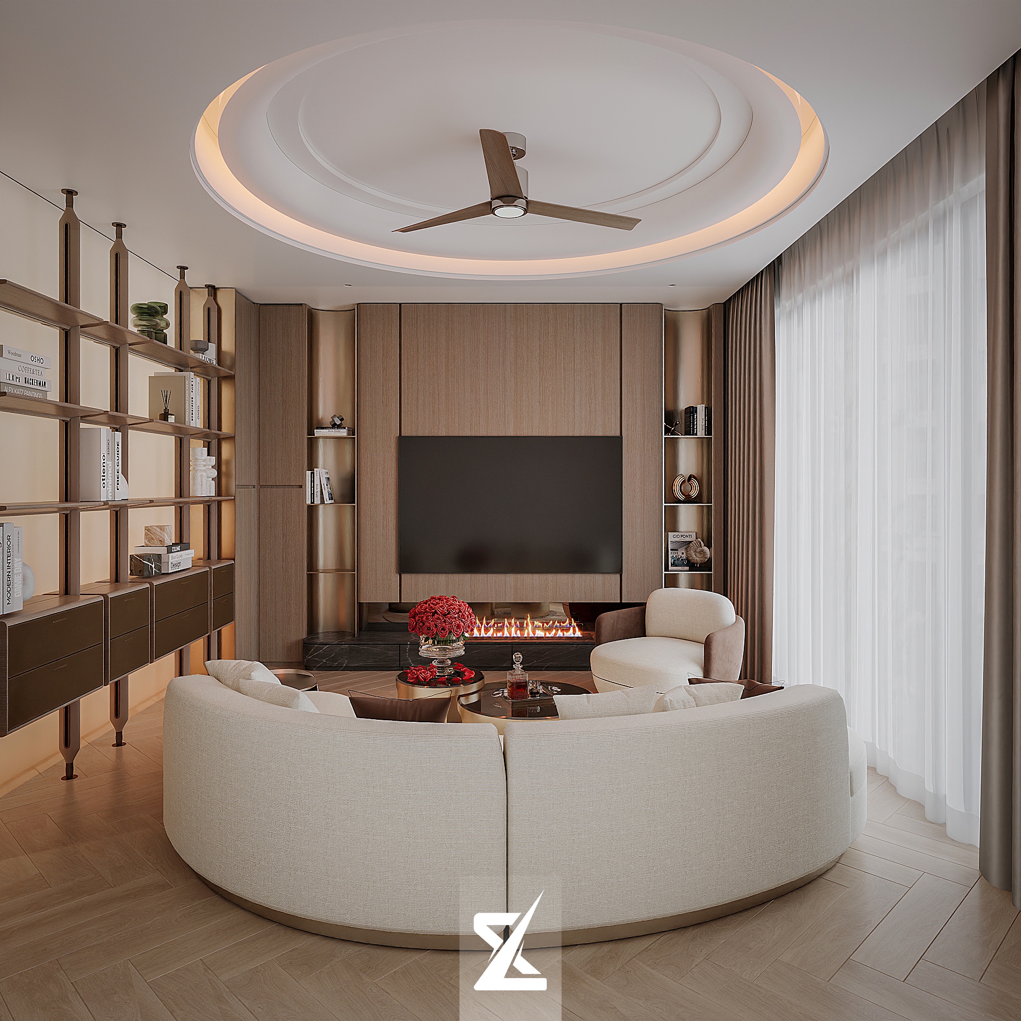 Phòng sinh hoạt chung với sofa hình tròn và trần giật cấp bo tròn