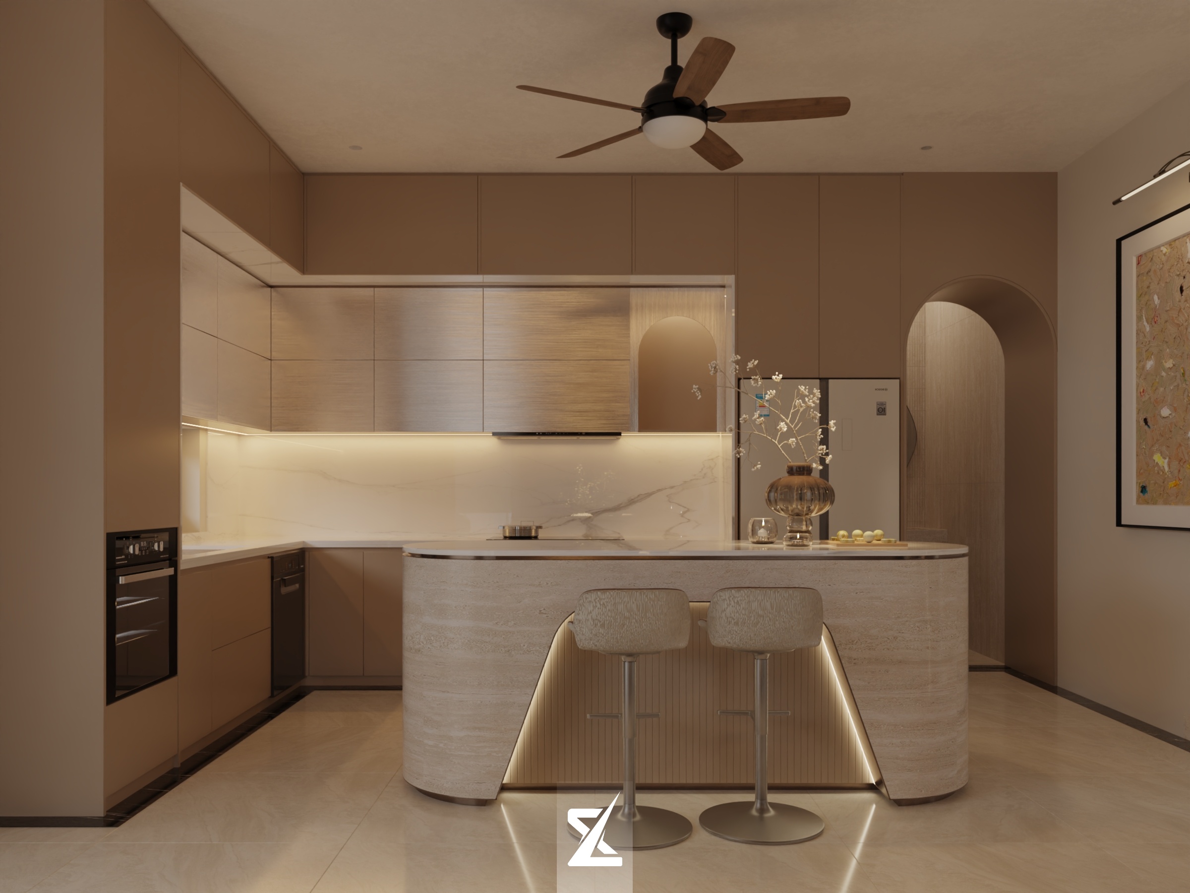 Đảo bếp bo cong đá Travertine độc đáo tại Bông House