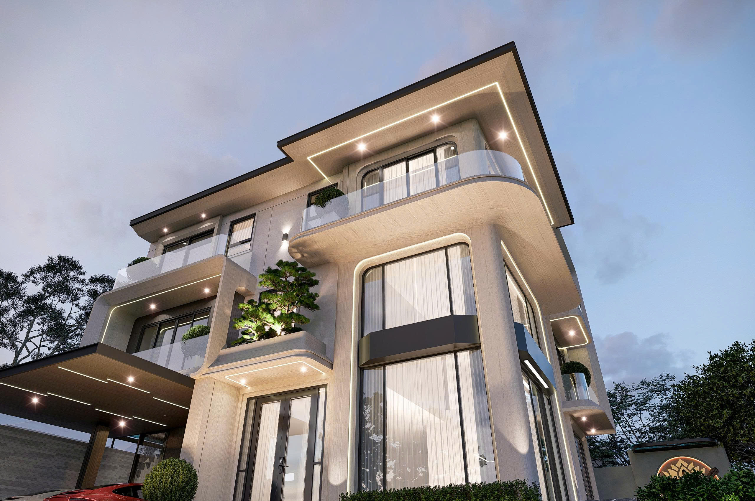 Góc nhìn kiến trúc ngoại thất biệt thự Bông House với ban công bo cong và kính lớn