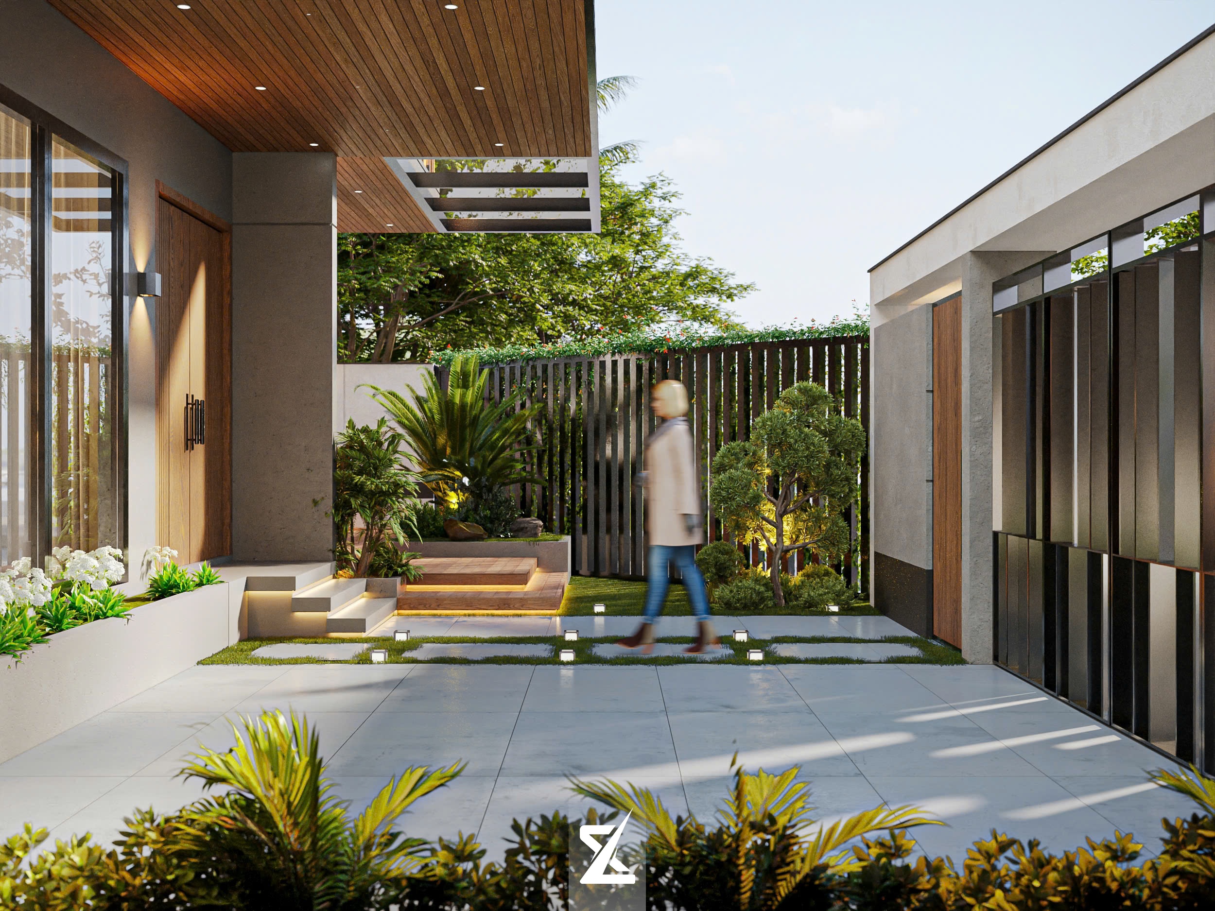 Lối vào sân vườn tiểu cảnh xanh tại Nature Light Villa