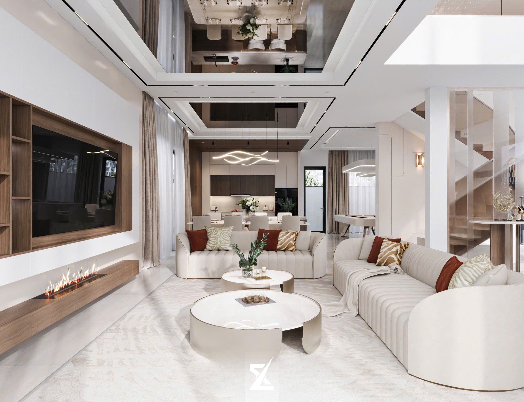 Khu vực phòng khách tinh tế với sofa bo cong và lò sưởi nghệ thuật
