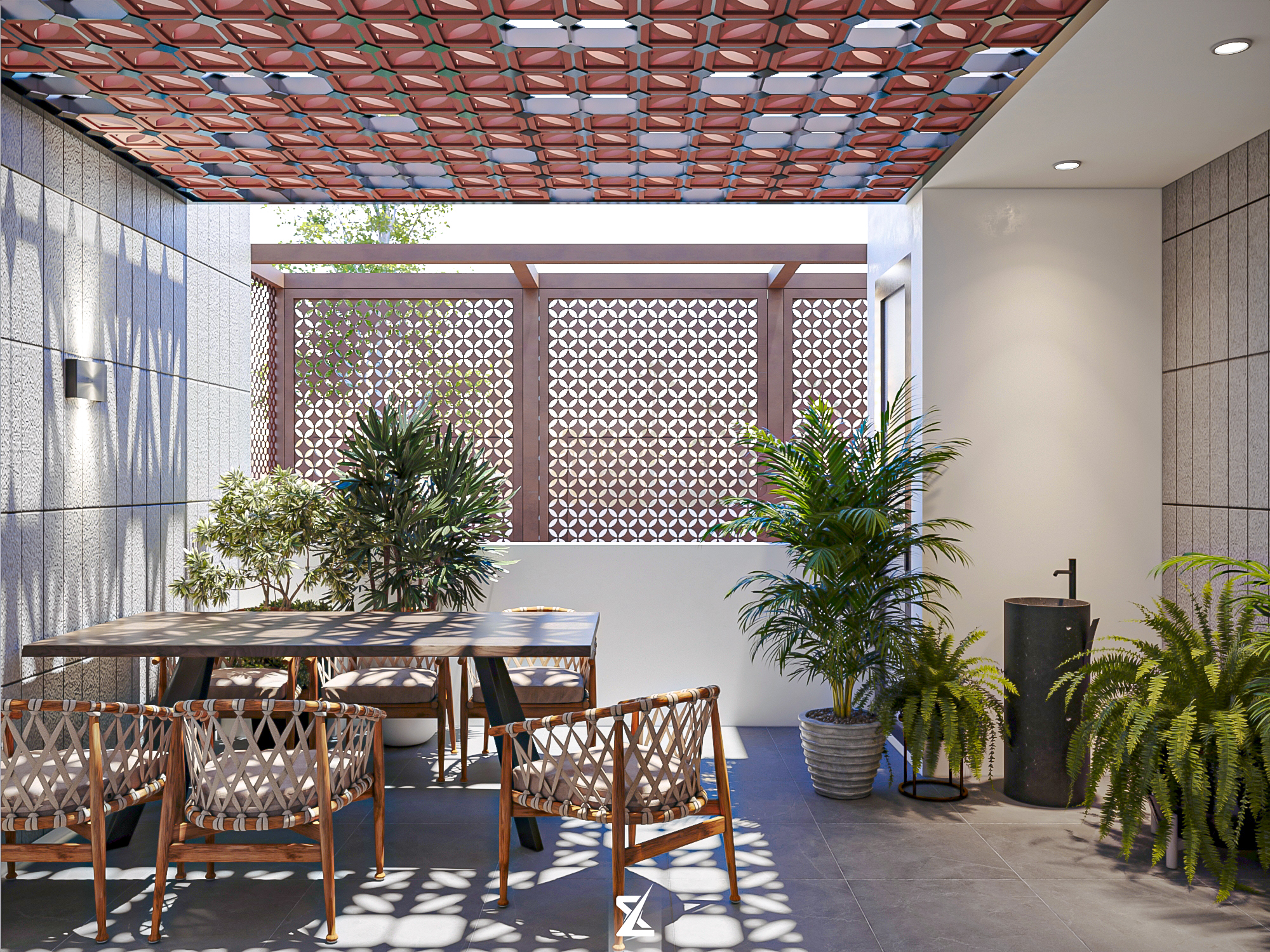Sân thượng sky lounge ngoài trời với giàn lam che mát và khu bàn ăn tiệc BBQ ngắm hoàng hôn