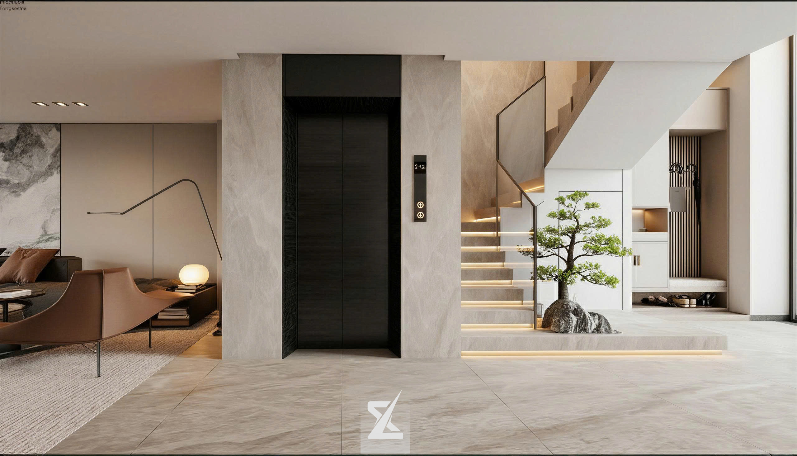 Khu vực cầu thang bay hắt sáng kết hợp thang máy kính và tiểu cảnh cây xanh phong thủy