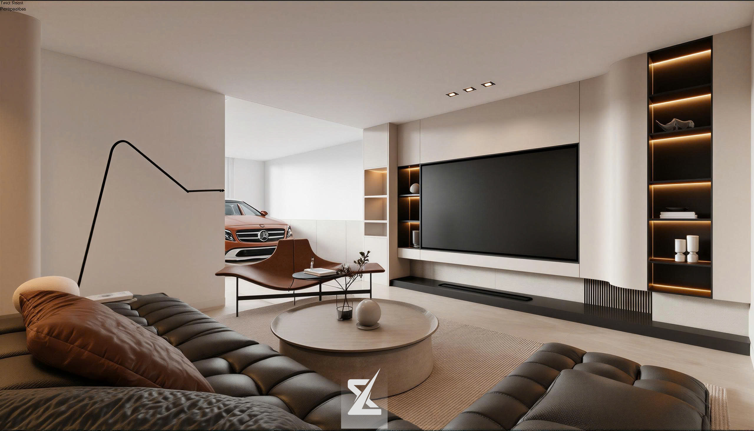 Khu vực phòng khách đương đại với mảng tường TV ốp đá sang trọng và hệ tủ bo cong mềm mại