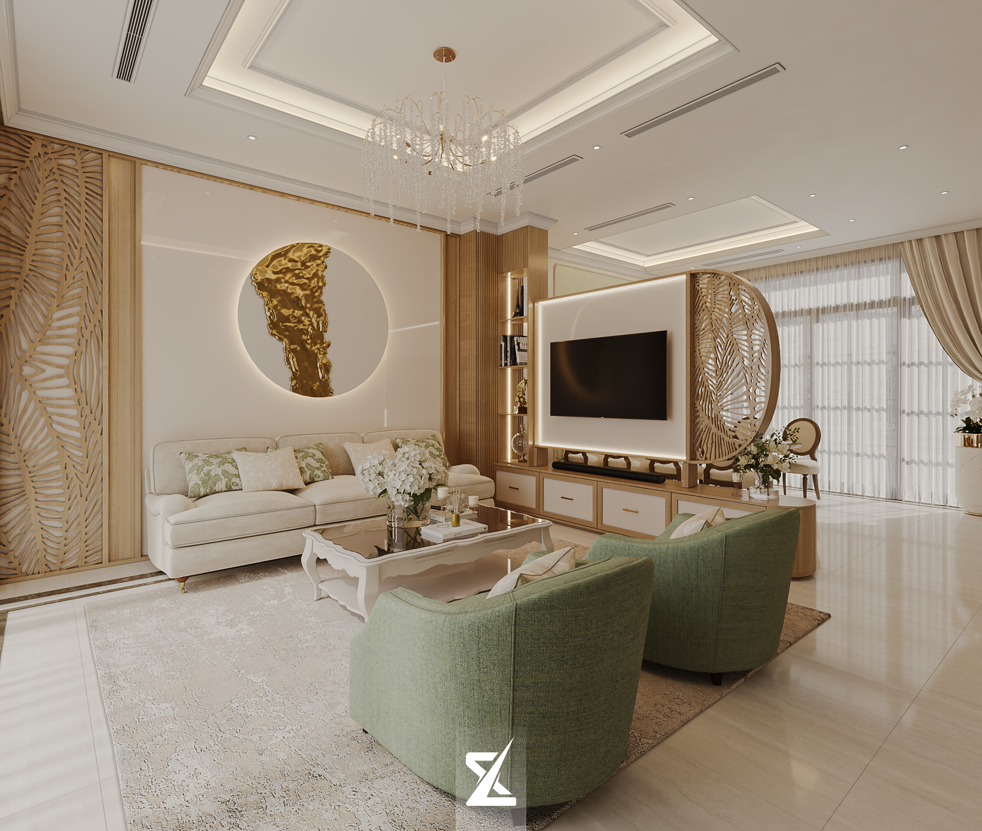 Không gian phòng khách quý phái với sofa nỉ nhung cao cấp và vách tường dát vàng nghệ thuật