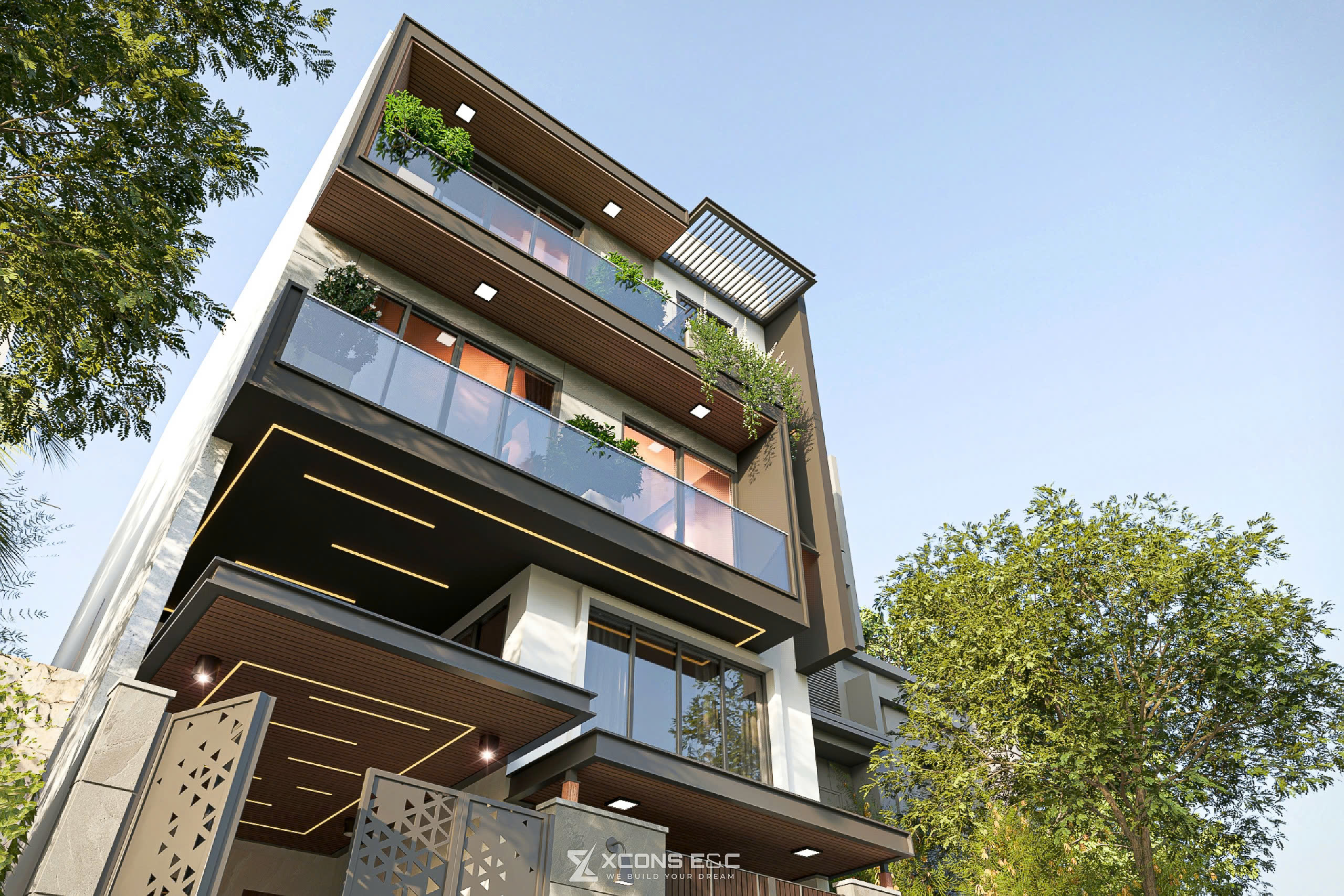 Phối cảnh mặt tiền biệt thự nhà phố hiện đại Kim Villa với hình khối giật cấp và dải đèn LED âm trần ấn tượng