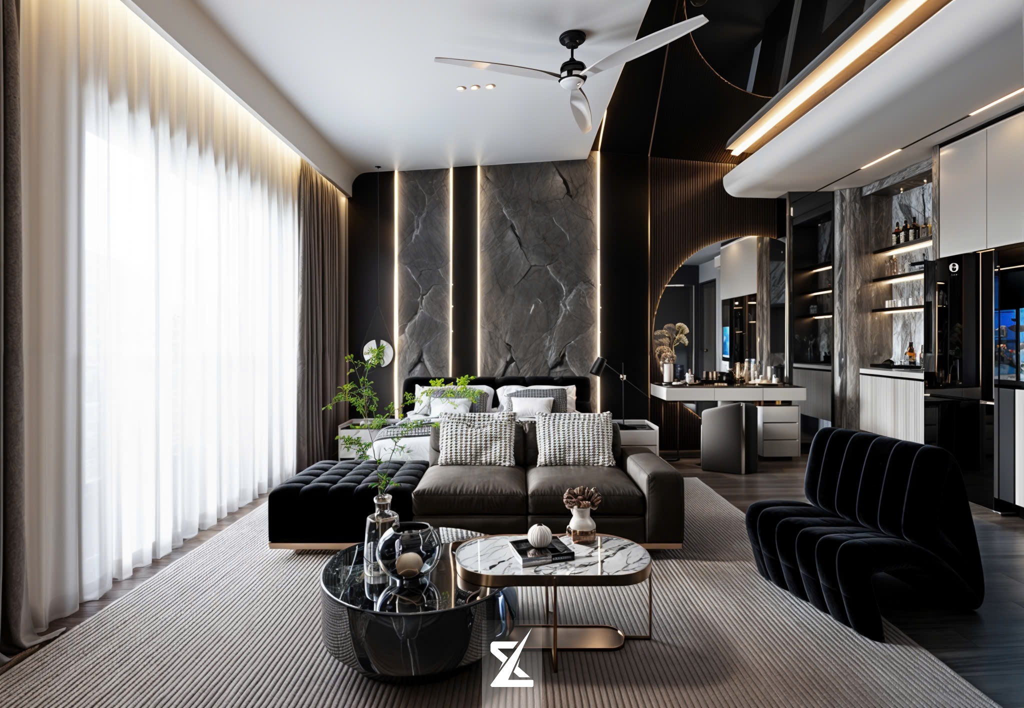 Phòng ngủ Master VIP đẳng cấp với lounge riêng biệt, vách đá chẻ xuyên sáng và bể cá cảnh biển rực rỡ