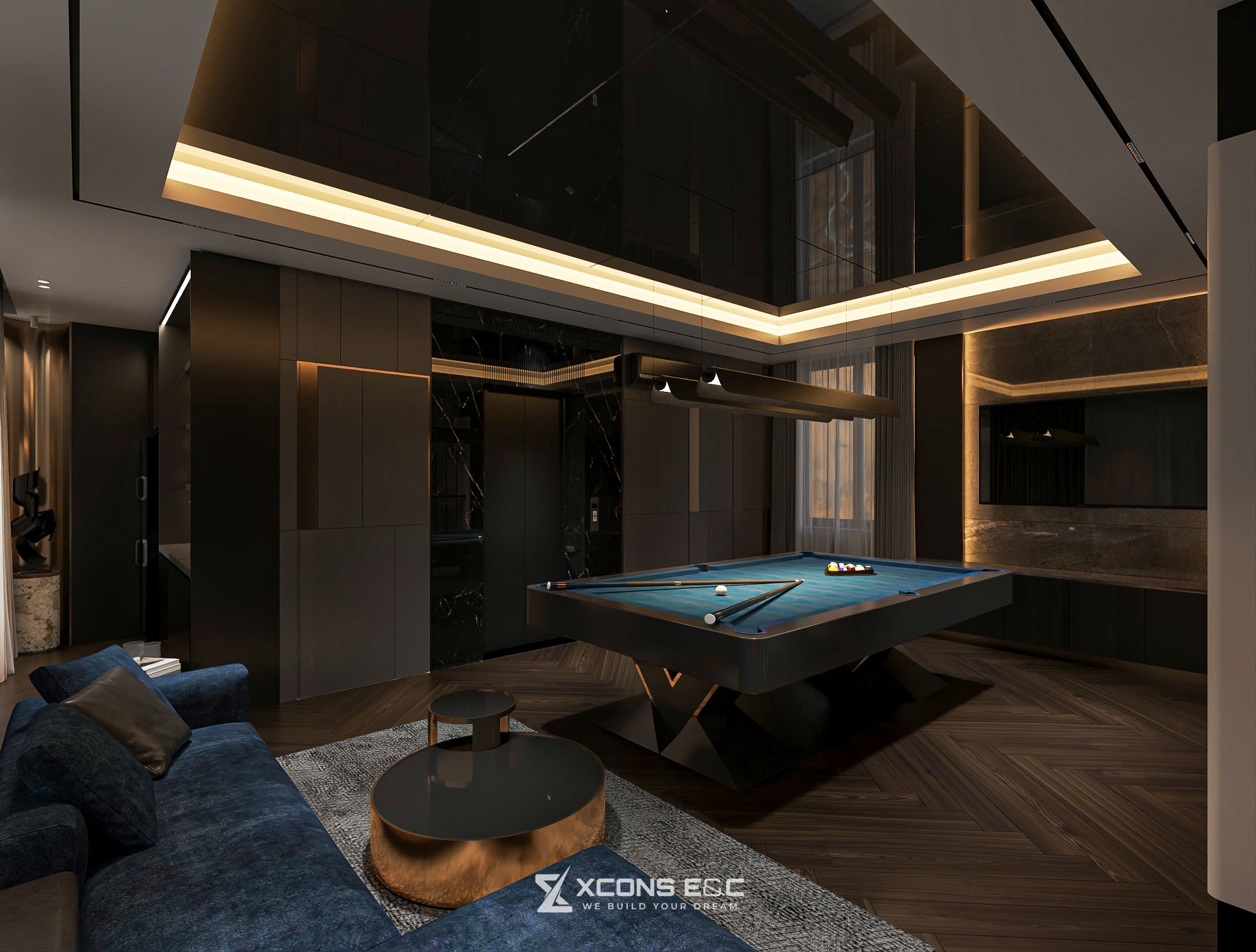 Phòng giải trí Bida đẳng cấp Man Cave với trần gương đen và sàn gỗ xương cá